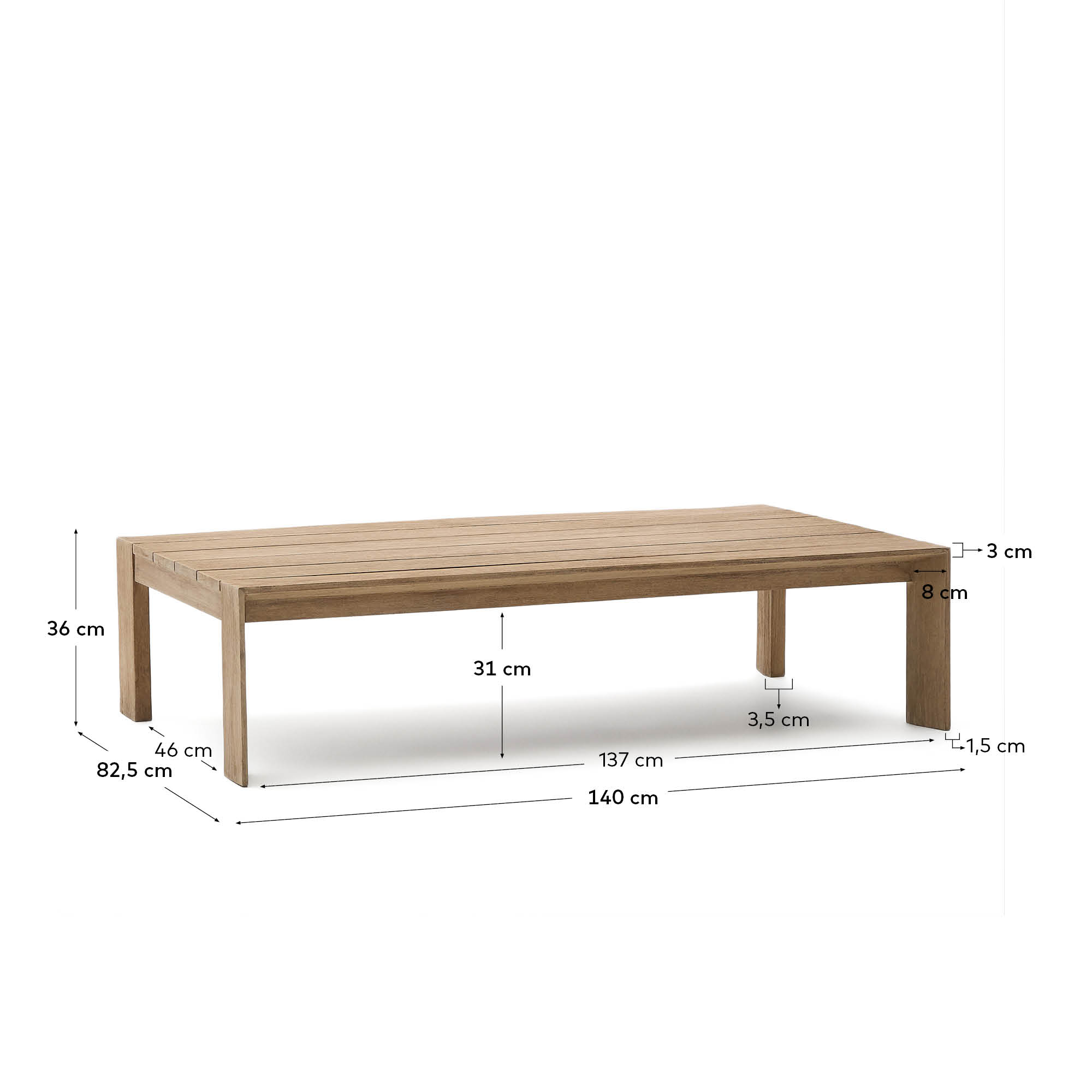 Ambra coffee table in solid acacia wood with light finish 82.5 x 140cm FSC 100%