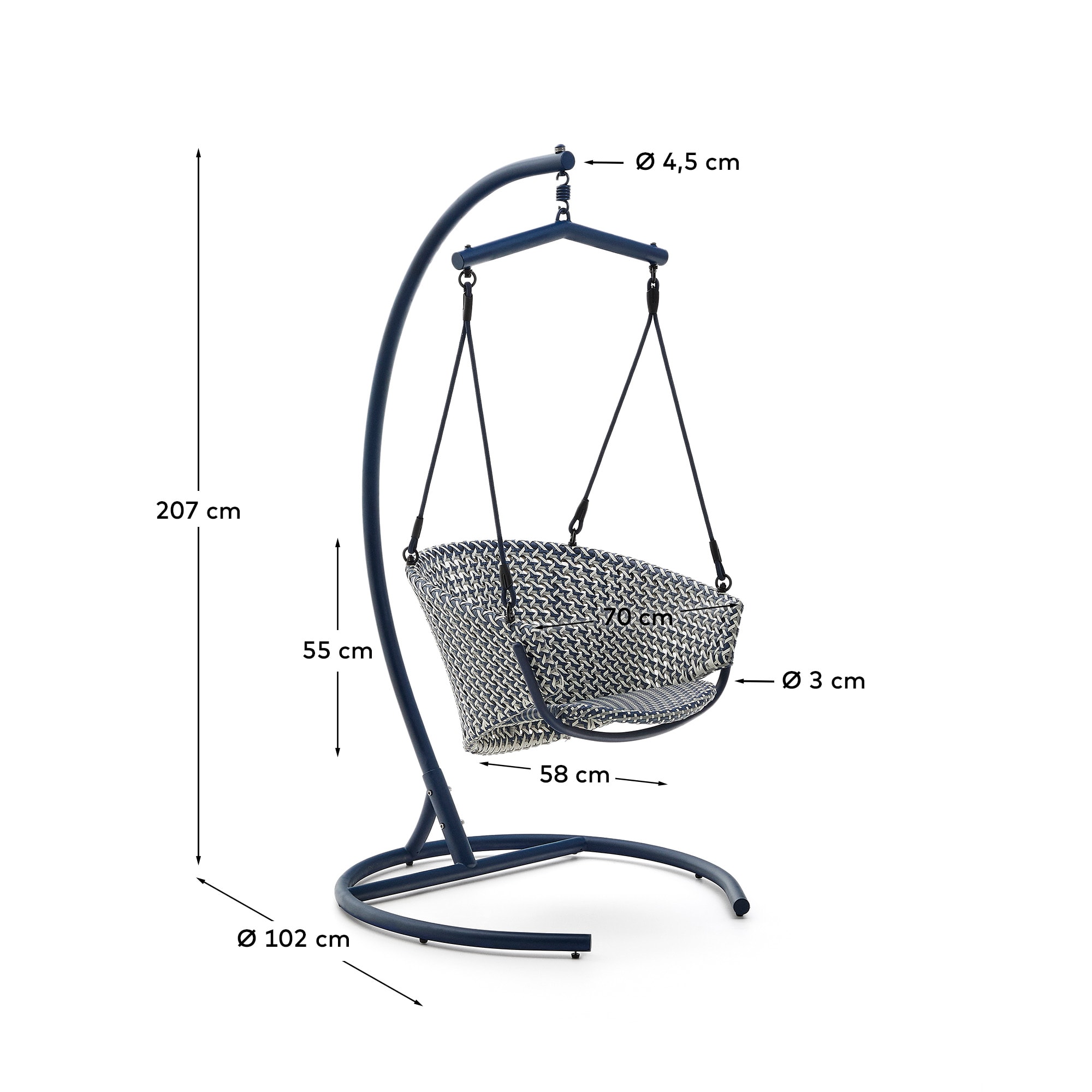 Saliga blue hanging armchair with base in aluminium and synthetic rattan