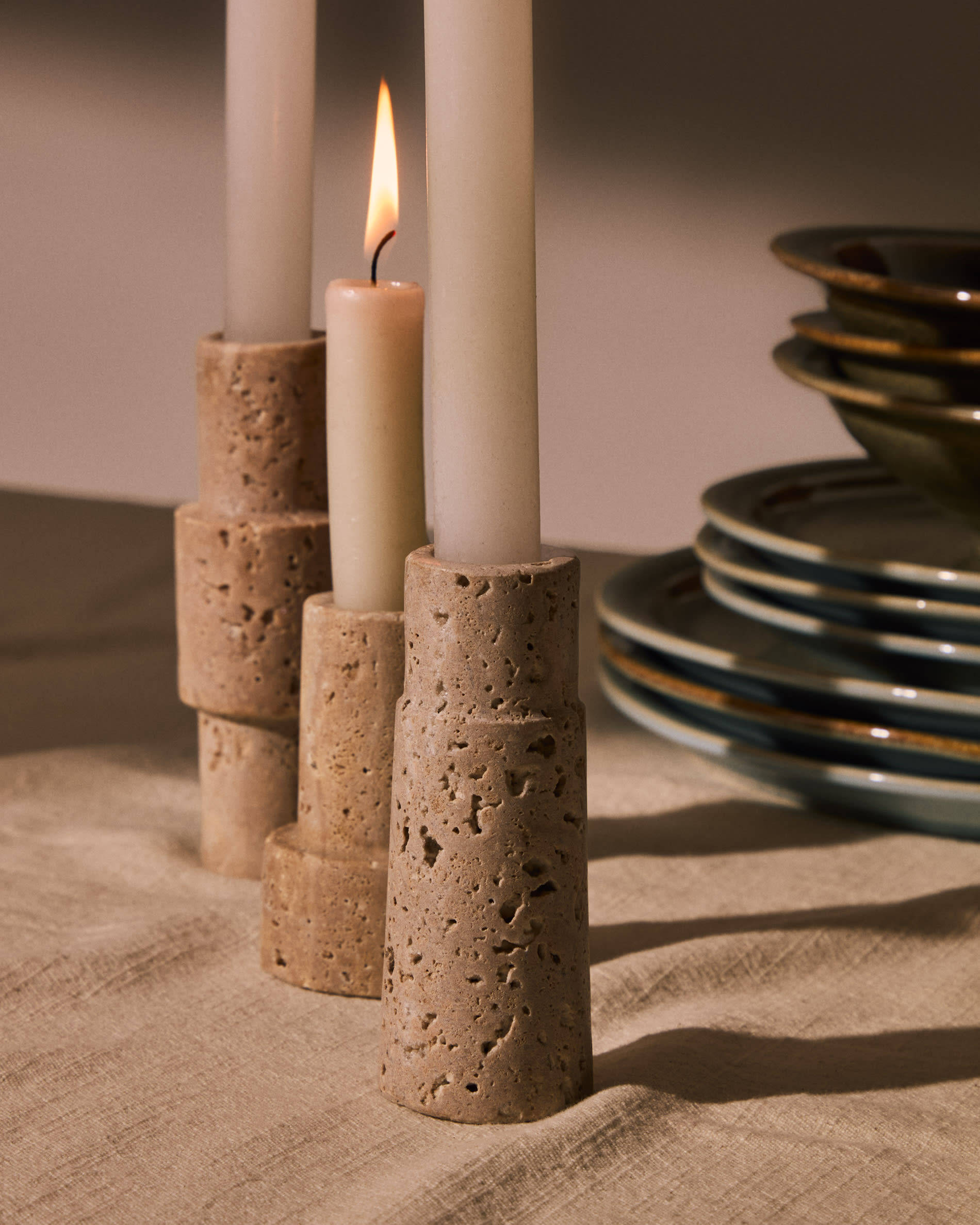 Majid set of 3 beige travertine candle holders