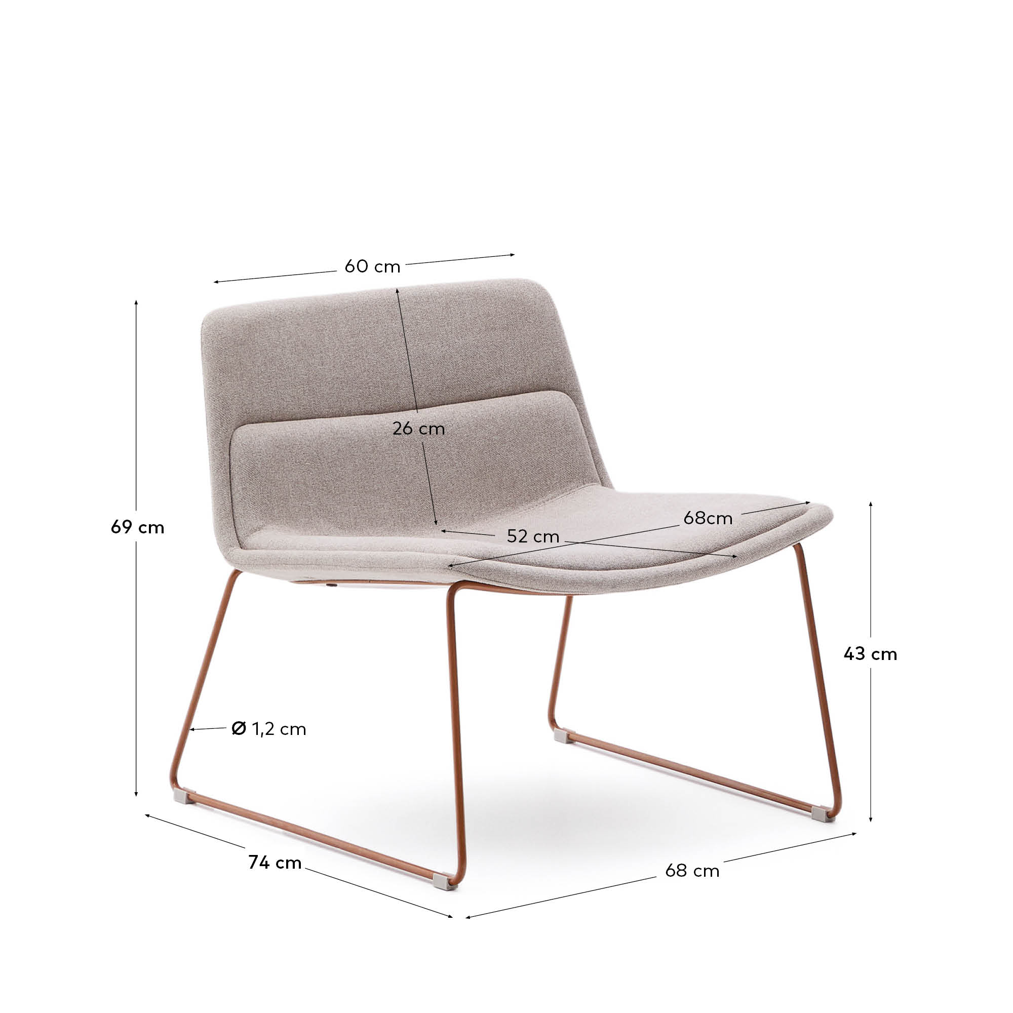 Zahara beige armchair with steel legs and FSC 100% terracotta finish