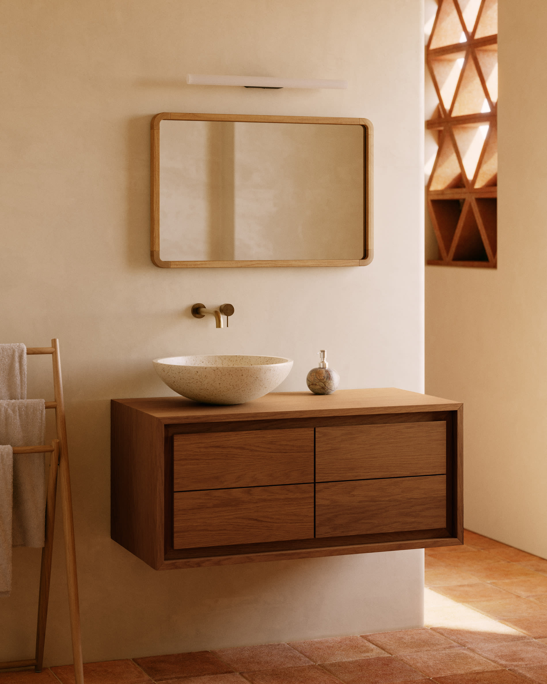 Kenta bathroom furniture in solid teak wood with a natural finish, 90 x 45 cm