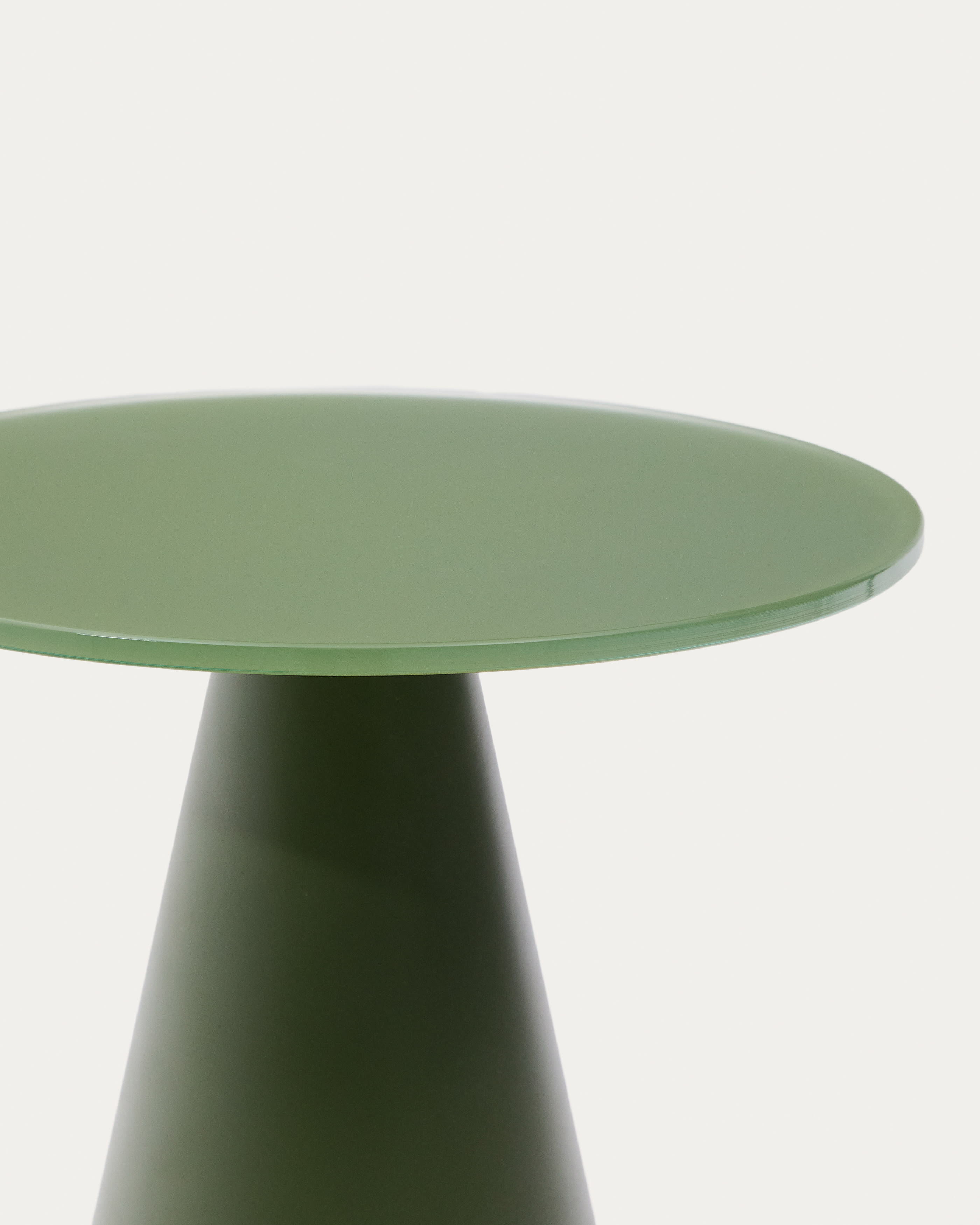 Wilshire side table with frosted tempered glass and matt green painted steel finish Ø30cm