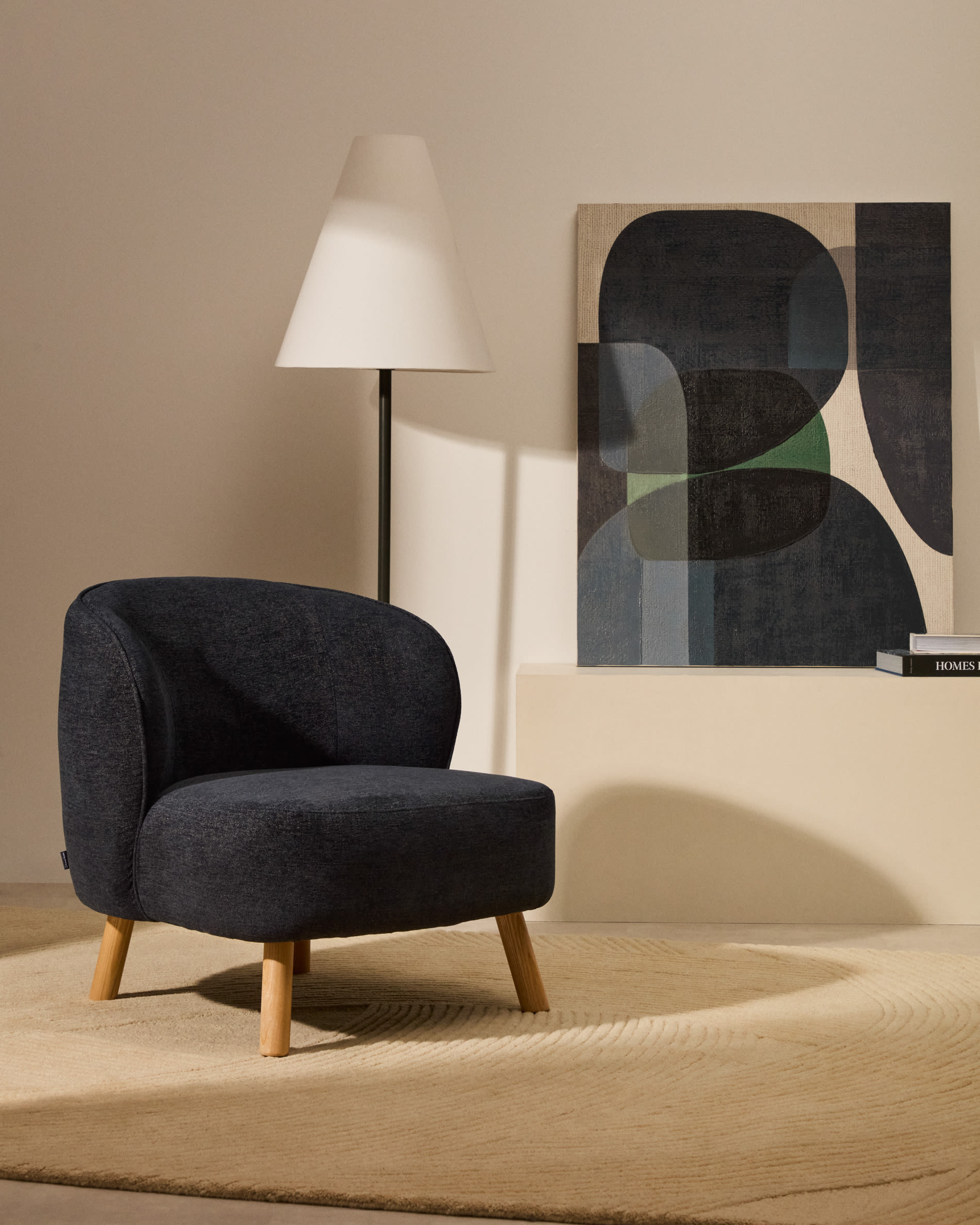 Ulit armchair in blue-grey chenille with solid ash wood legs in a natural finish