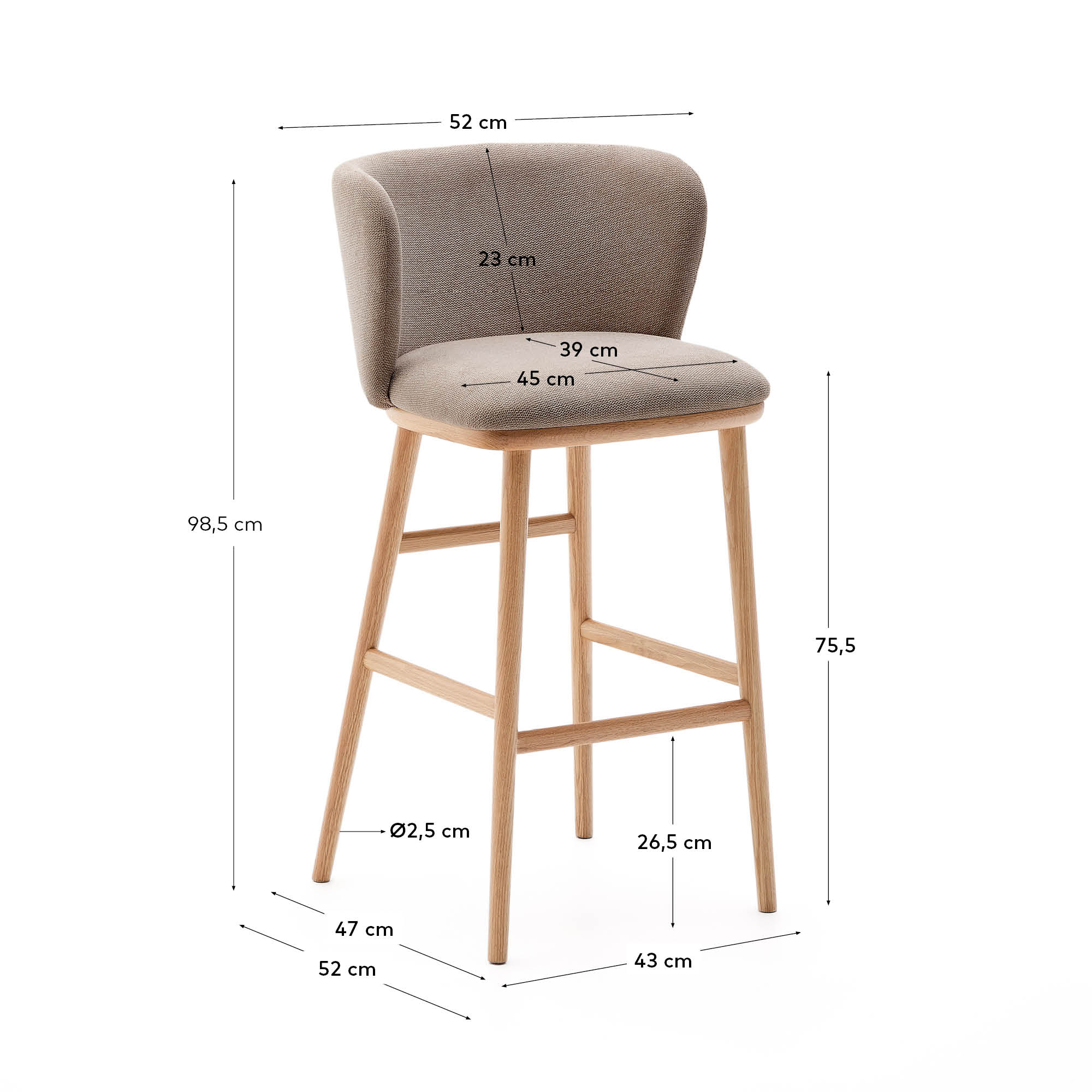 Ciselia stool brown chenille and solid ash wood natural tone finish FSC Mix Credit 75 cm