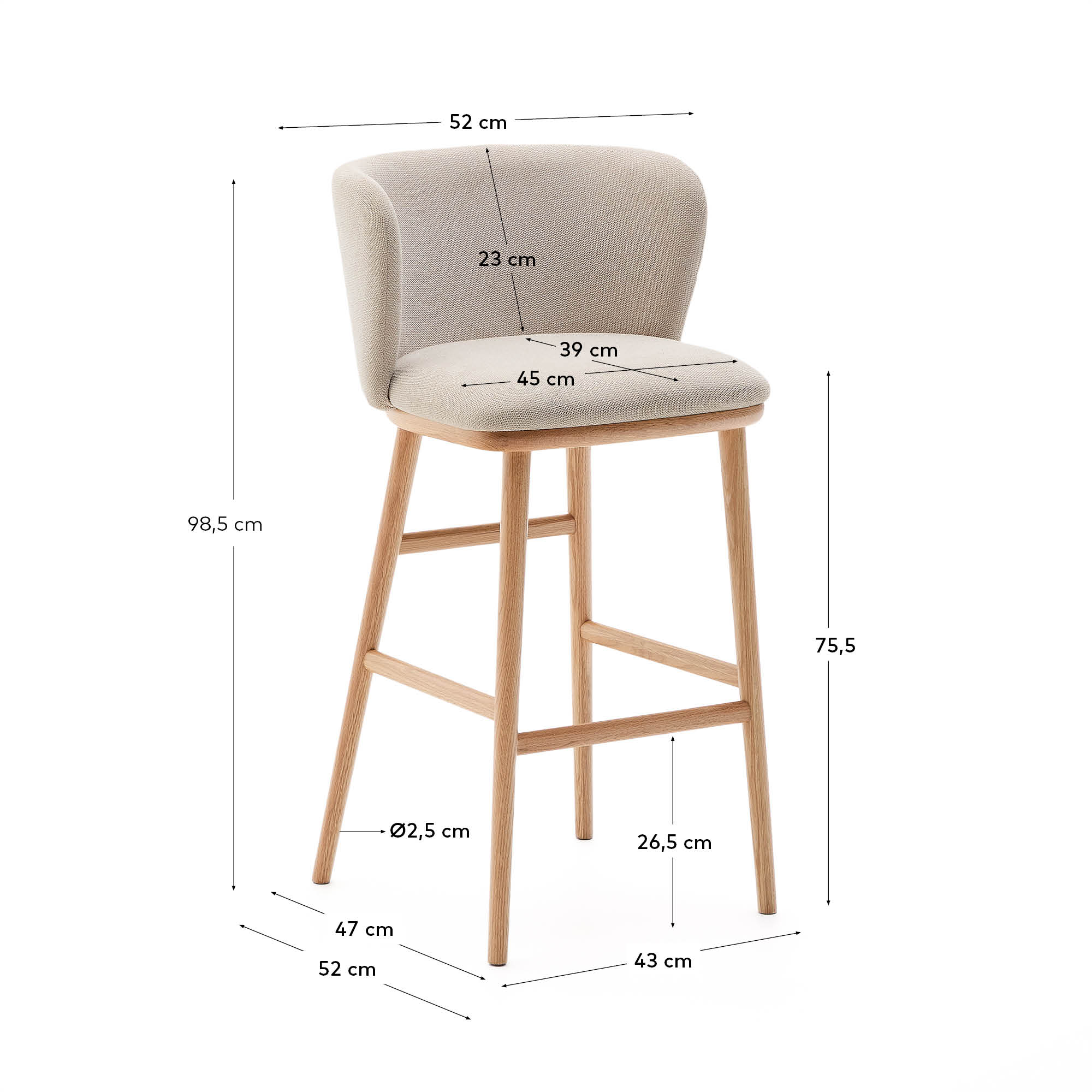 Ciselia stool beige chenille and solid ash wood natural tone finish FSC Mix Credit 75 cm