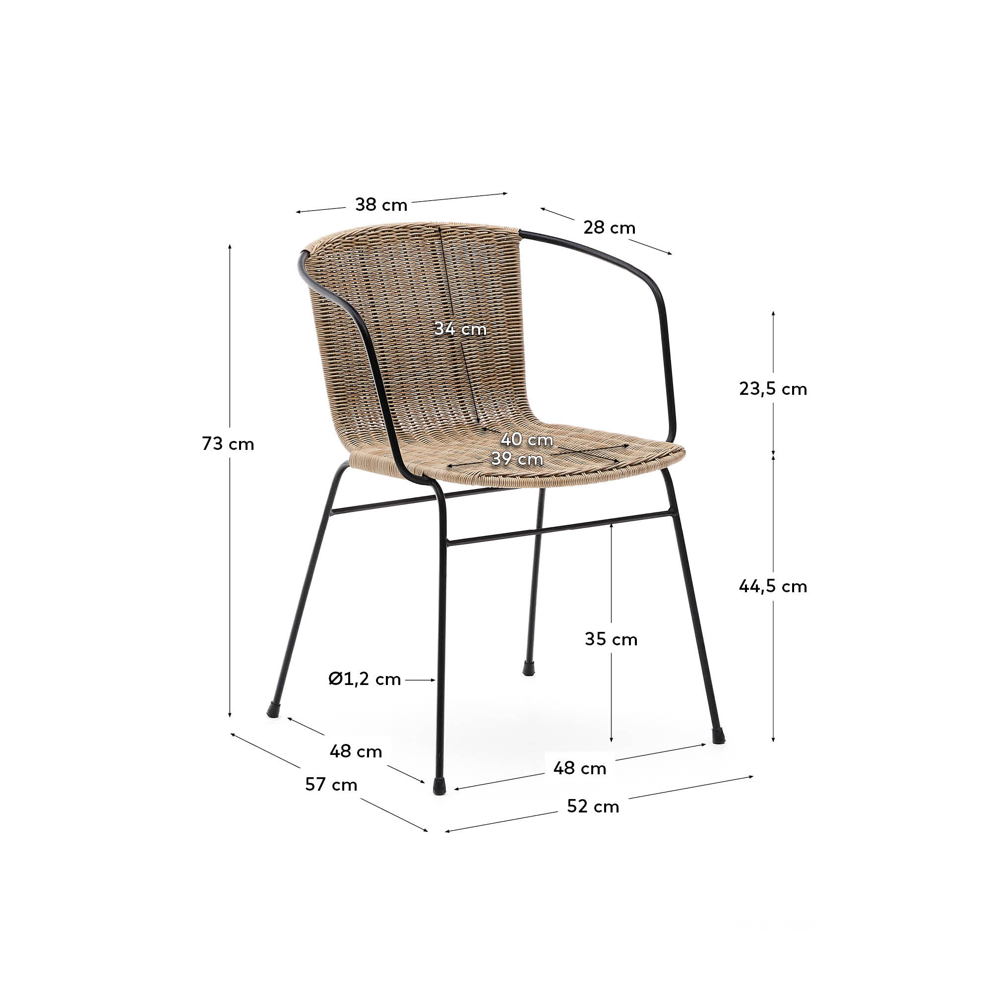 Eltiera stackable chair in synthetic rattan with black steel frame and armrests