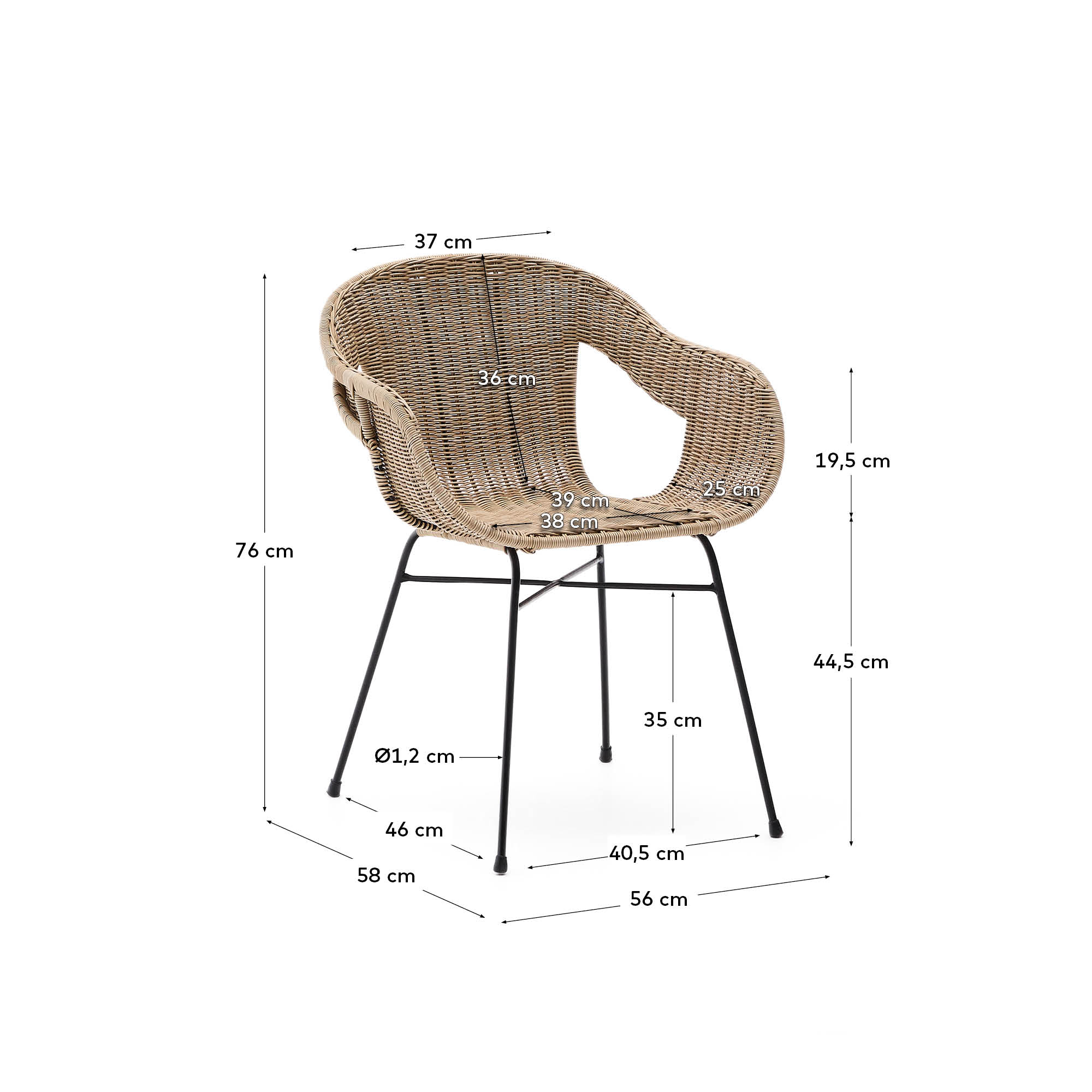 Eltiera stackable chair in synthetic rattan with black steel frame