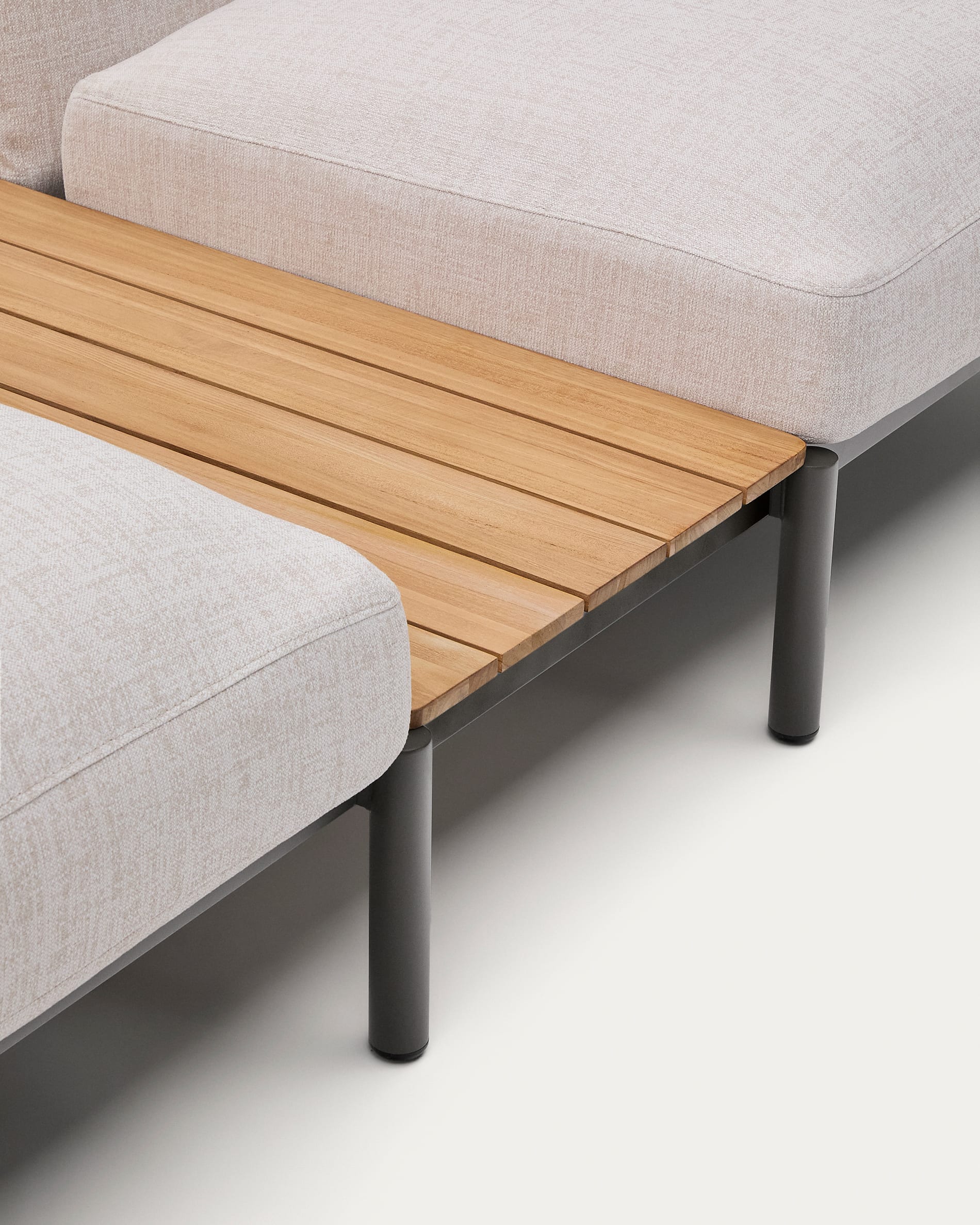 Sorells outdoor modular 5-seater corner sofa with beige upholstery and grey aluminium with teak tables 277 x 446cm FSC 100%