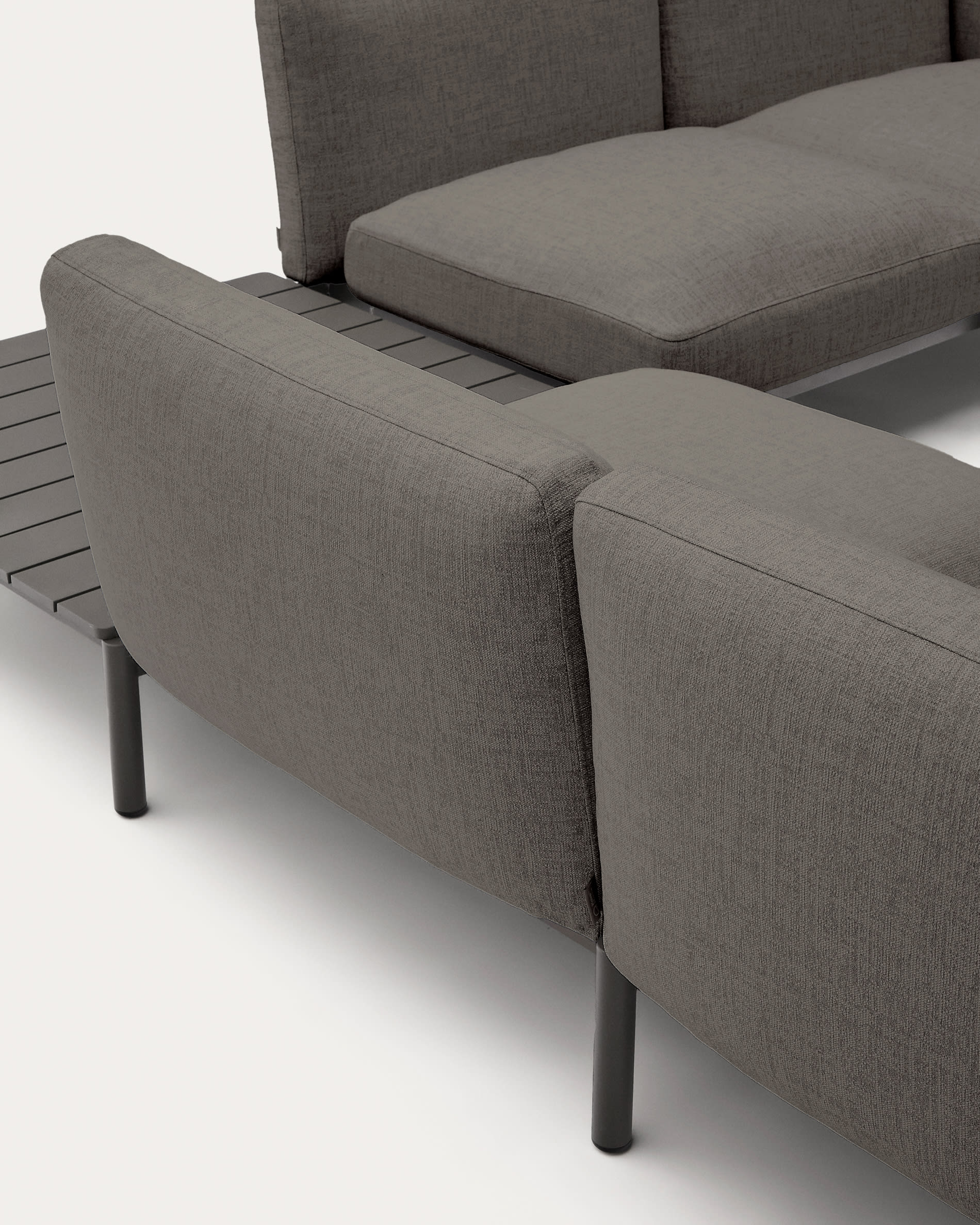 Sorells outdoor modular 4-seater corner sofa with grey upholstery and grey aluminium with teak table 353 x 316.5cm FSC 100%