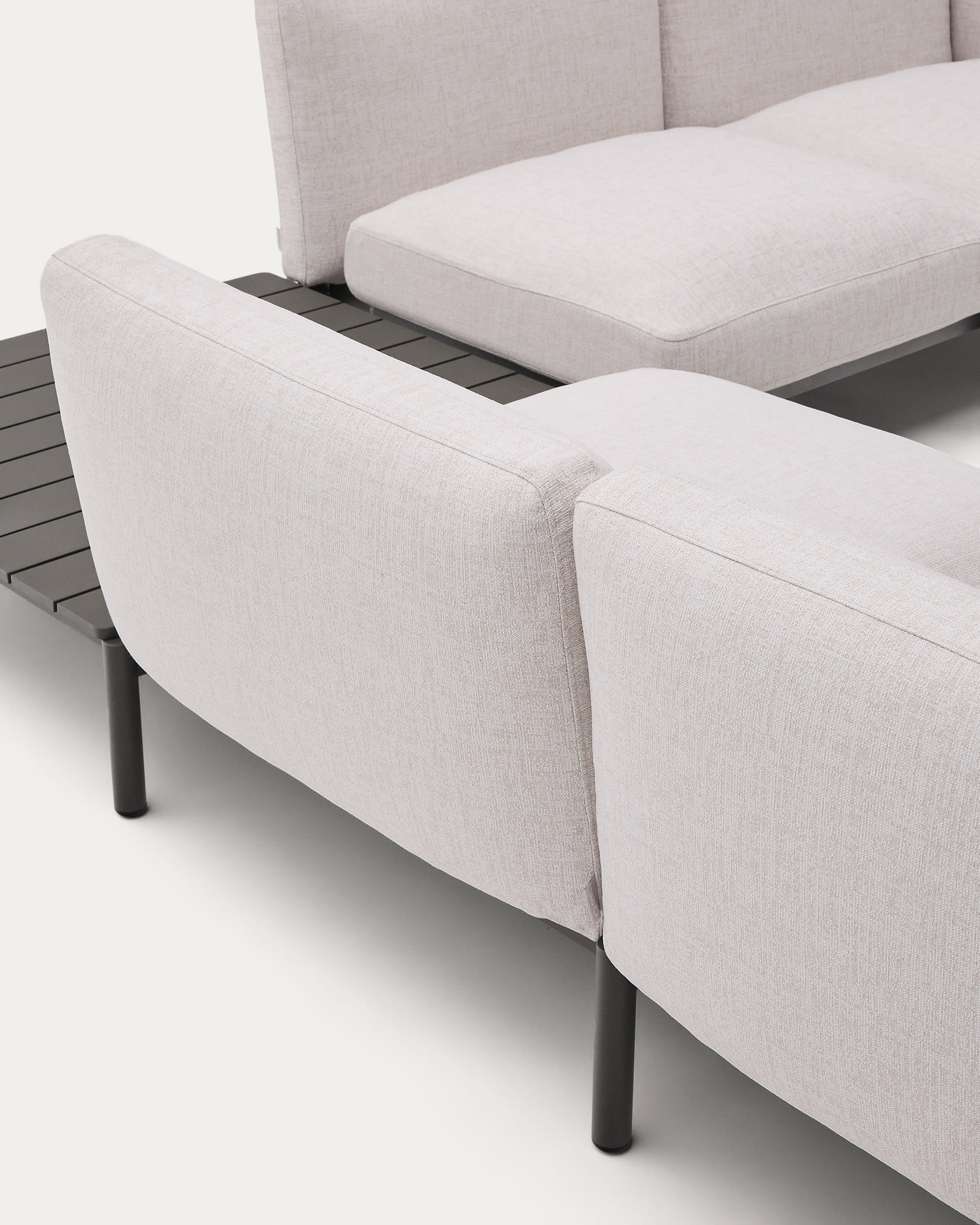 Sorells outdoor modular 4-seater corner sofa with beige upholstery and grey aluminium with teak table 353 x 316.5cm FSC 100%