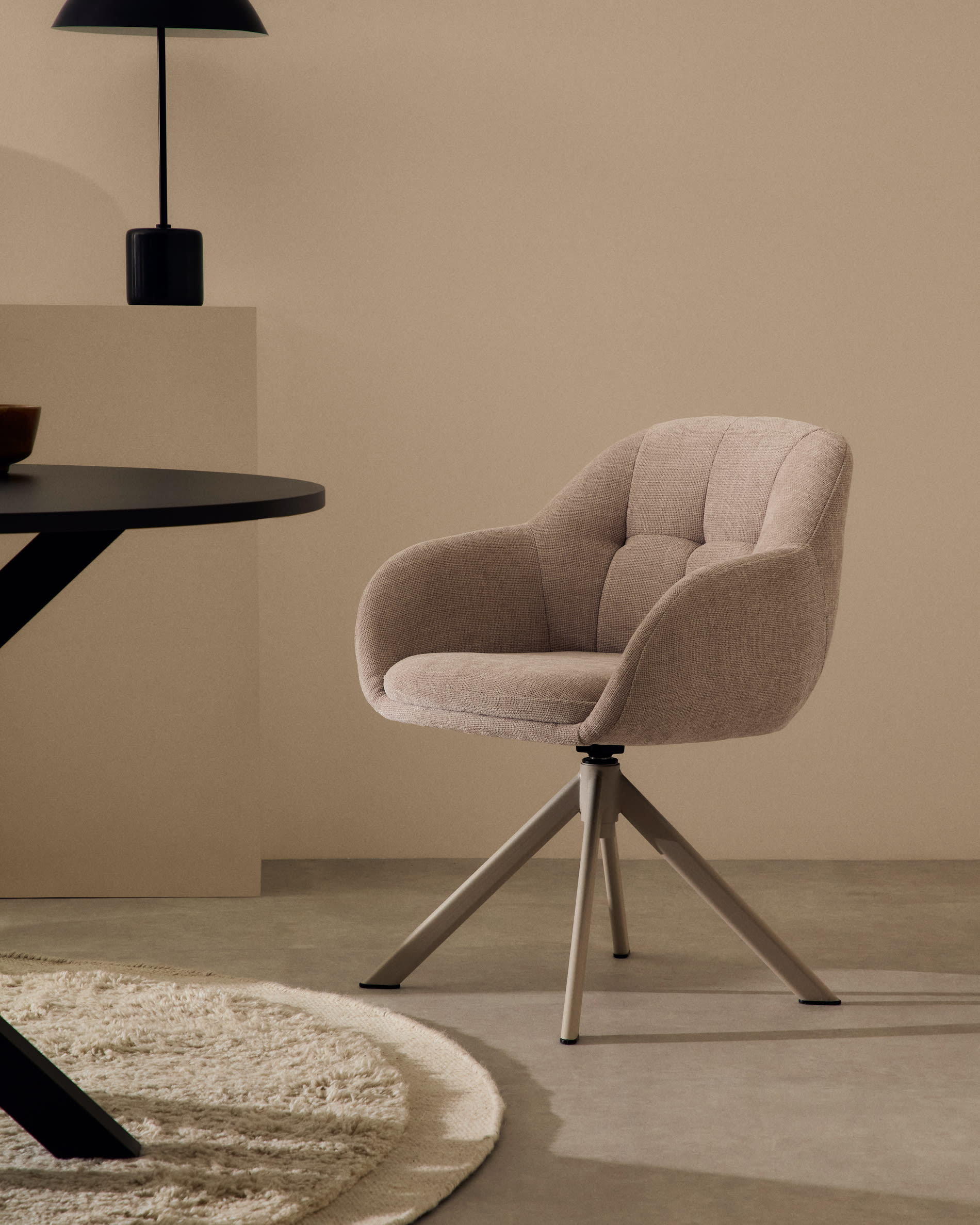 Dorina swivel chair in beige chenille and steel legs in a beige finish