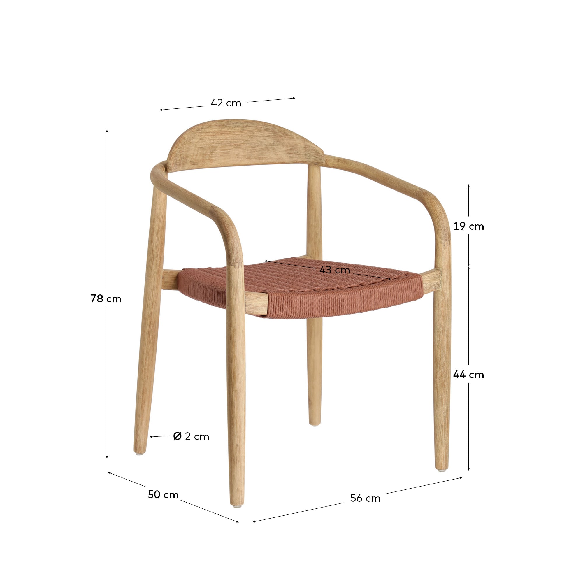 Nina stackable chair in solid acacia wood and terracotta rope seat FSC 100% - sizes