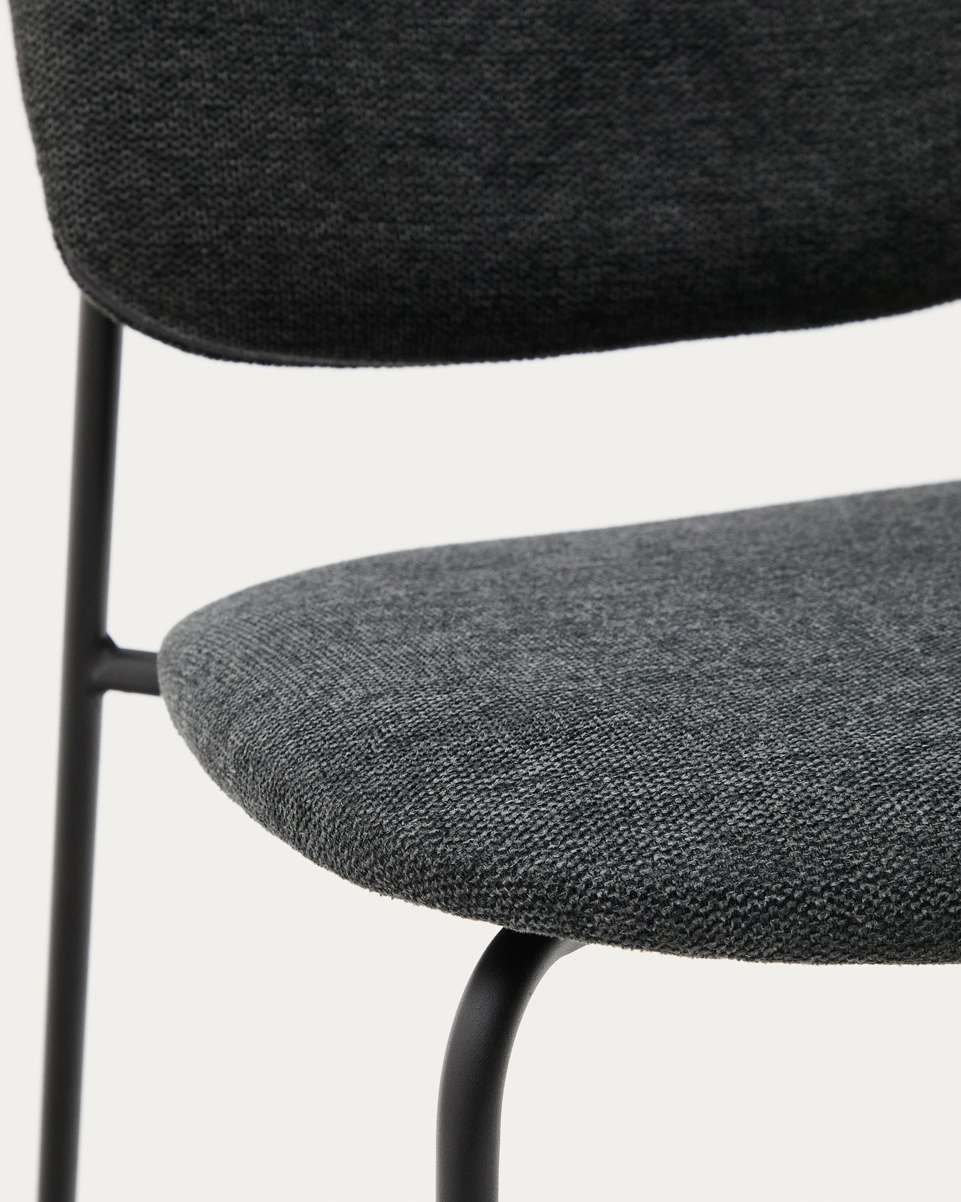 Meli stackable chair in grey chenille with grey metal legs FSC Mix Credit