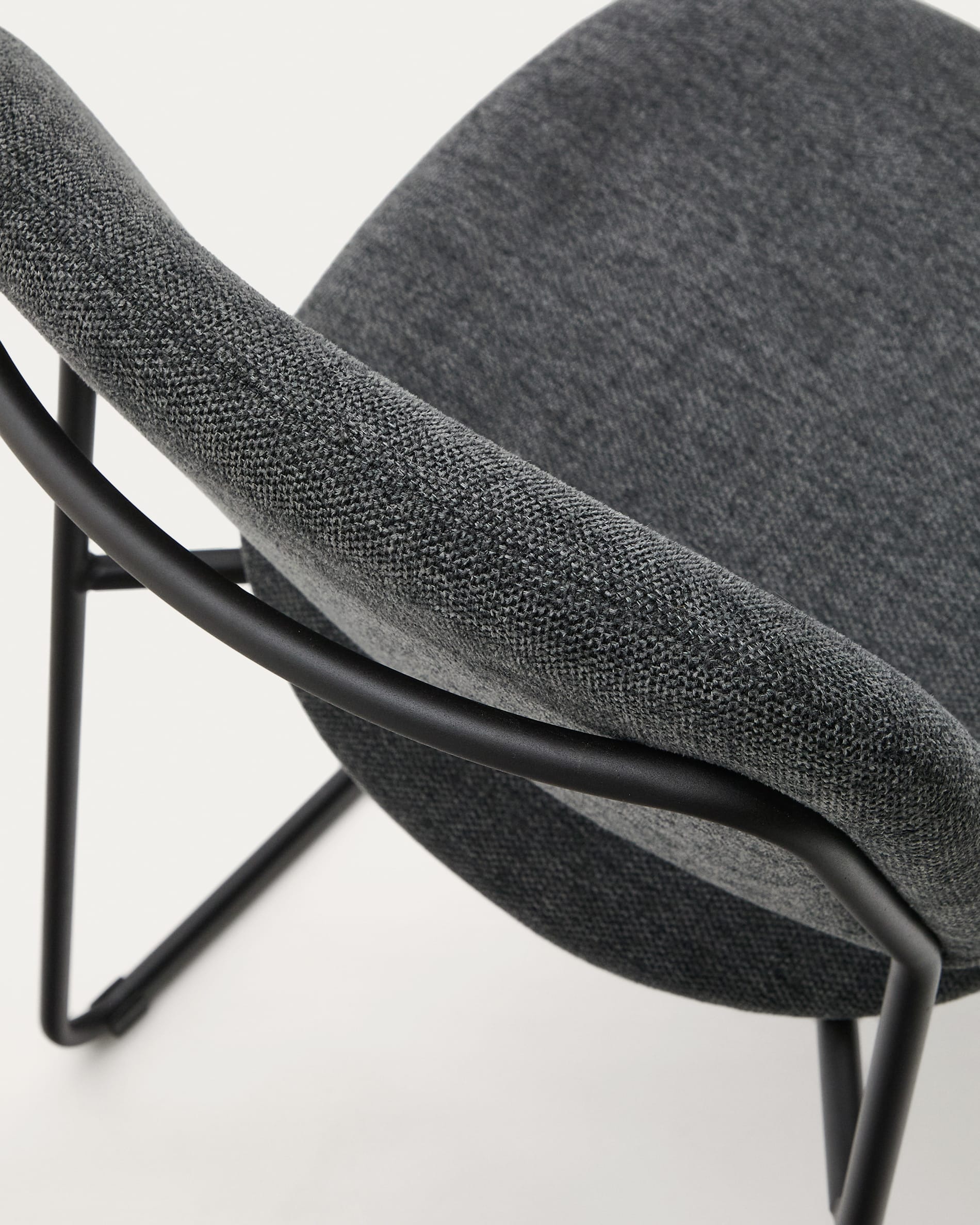 Meli stackable chair in grey chenille with grey metal legs FSC Mix Credit