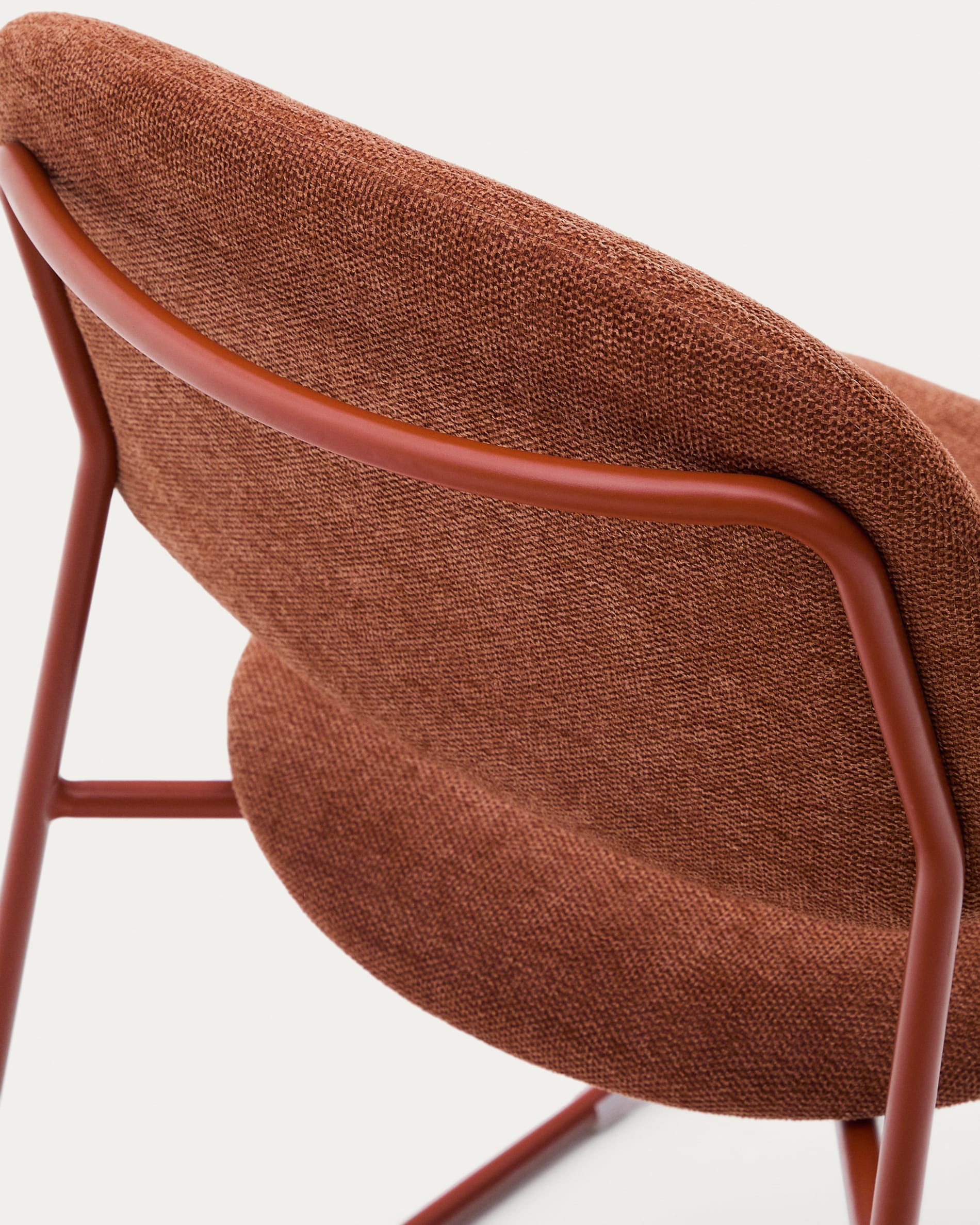 Meli stackable chair in terracotta chenille with terracotta metal legs FSC Mix Credit