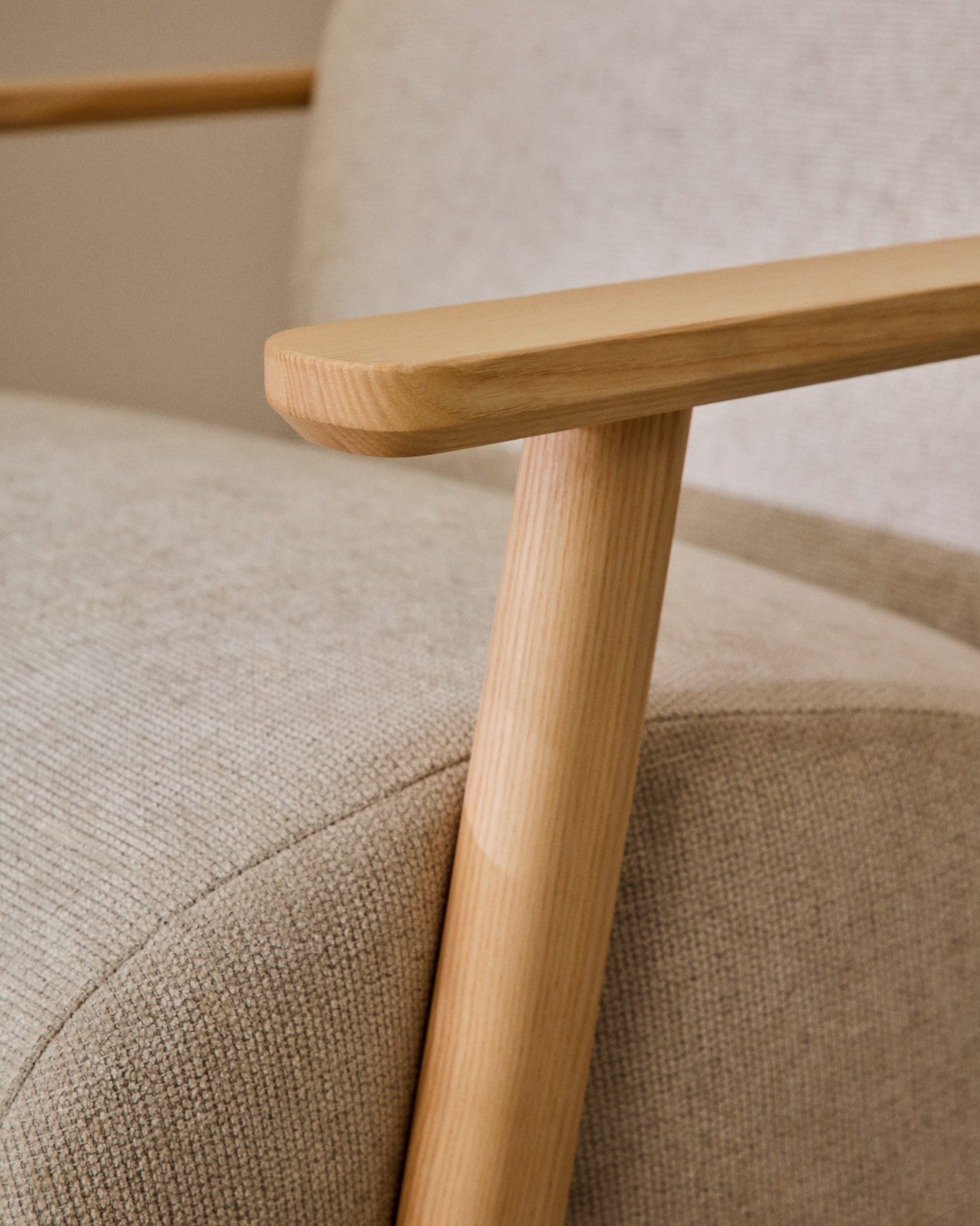 Meghan armchair in pearl chenille and with solid beech wood in a natural finish FSC Mix Credit