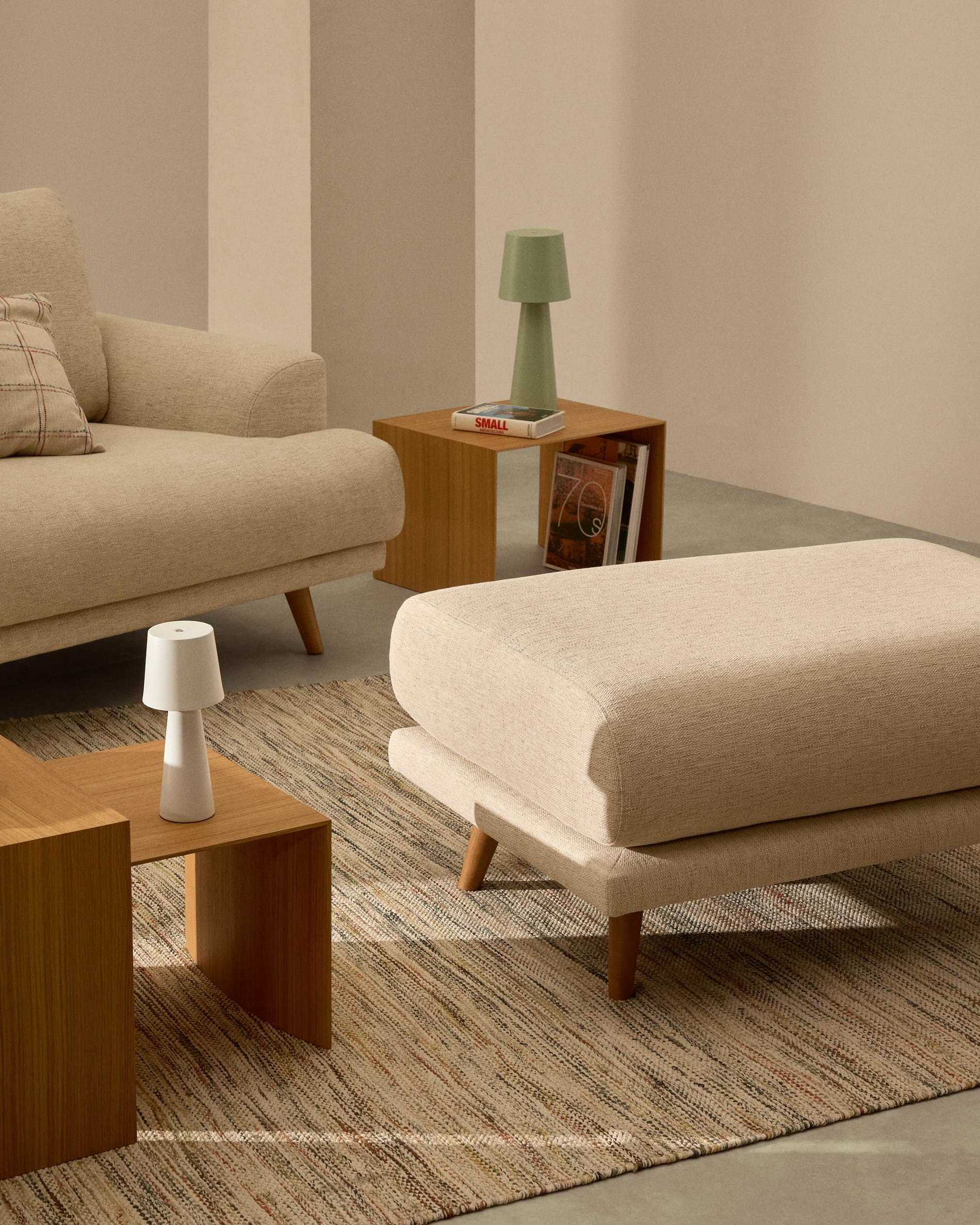 Karin footrest in beige chenille with solid beech wood legs in natural colour finish 90 x 70 cm