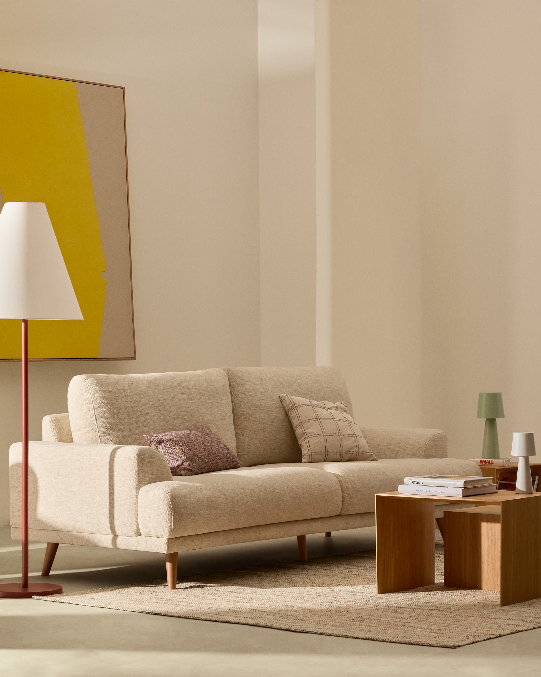 Karin 2-seater sofa in beige chenille with solid beech wood legs in natural colour finish 211 cm