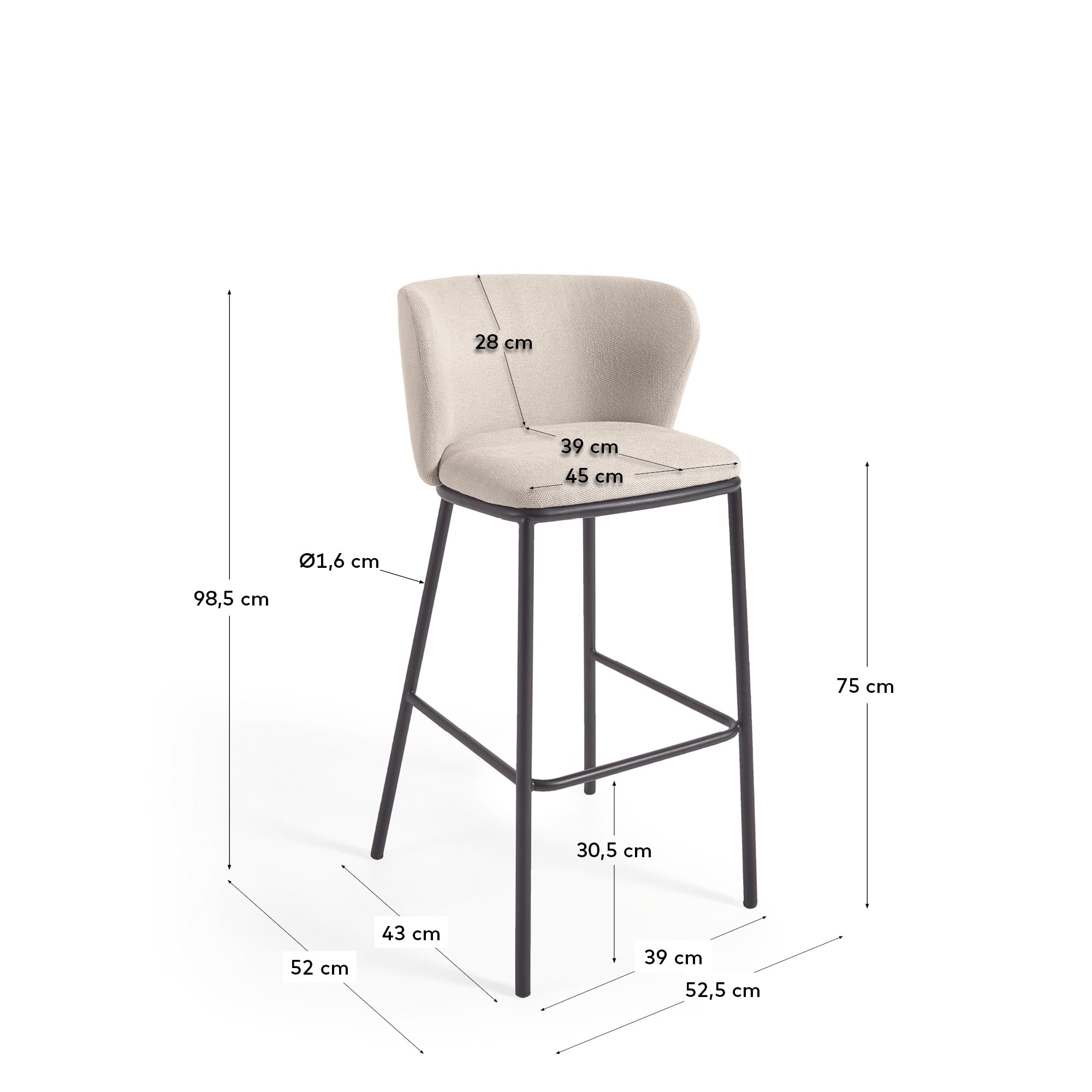 Ciselia stool in beige chenille and black steel legs height 75 cm FSC Mix Credit
