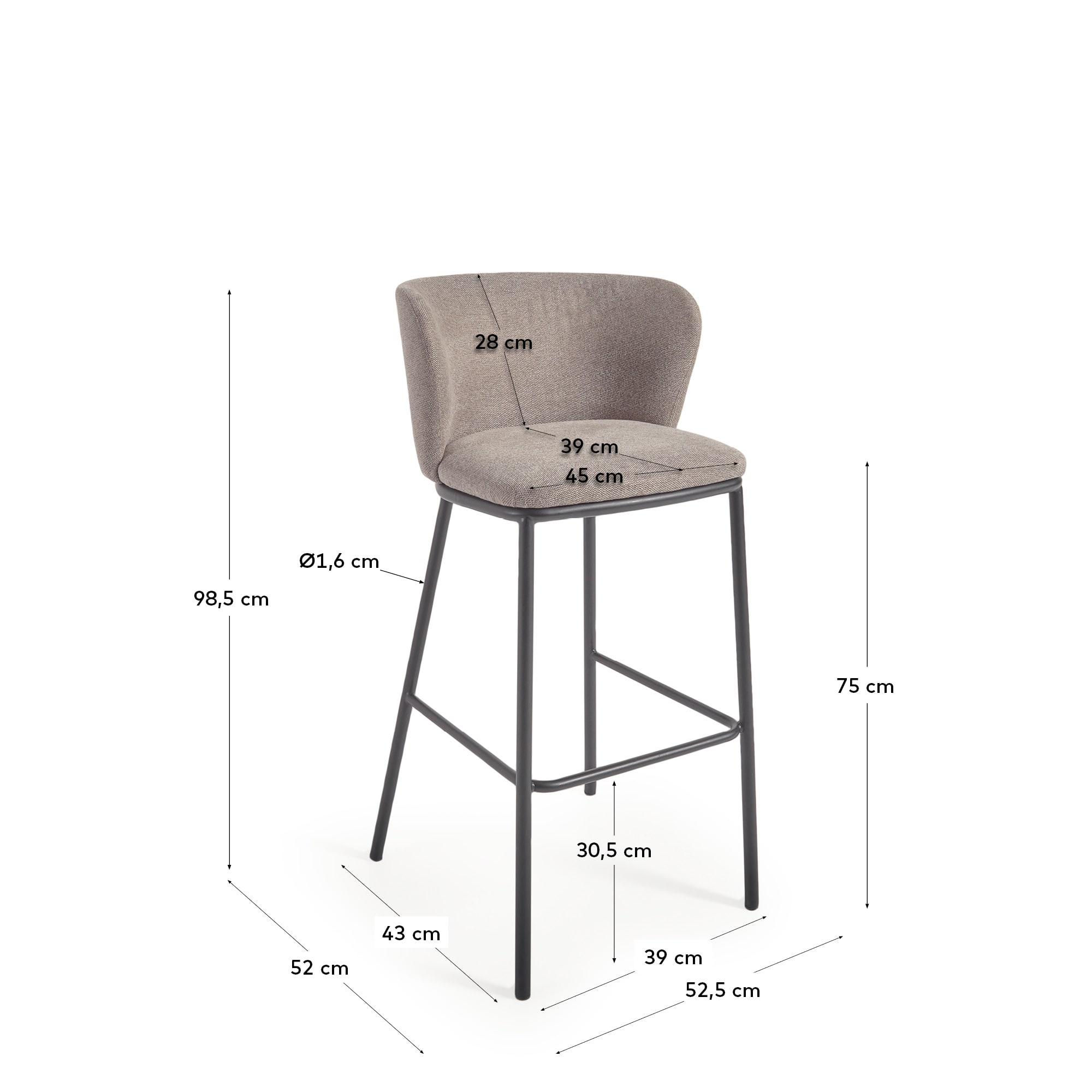 Ciselia stool in light brown chenille and black steel legs 75 cm FSC Mix Credit