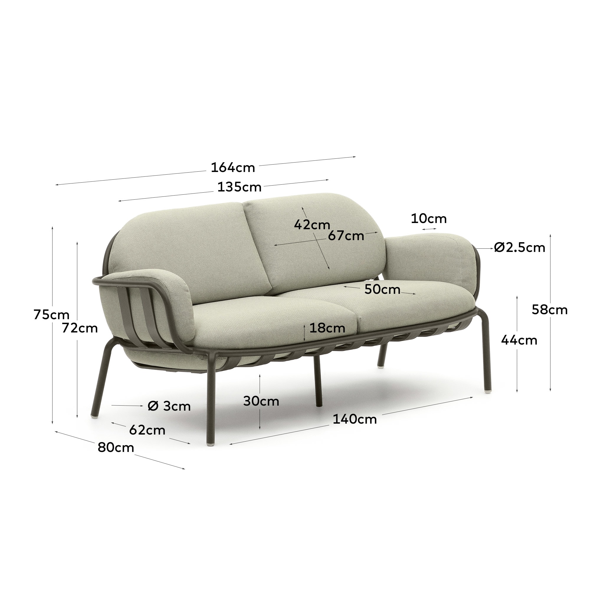 Joncols outdoor 2-seater sofa in aluminium with grey painted finish and beige cushions 164cm