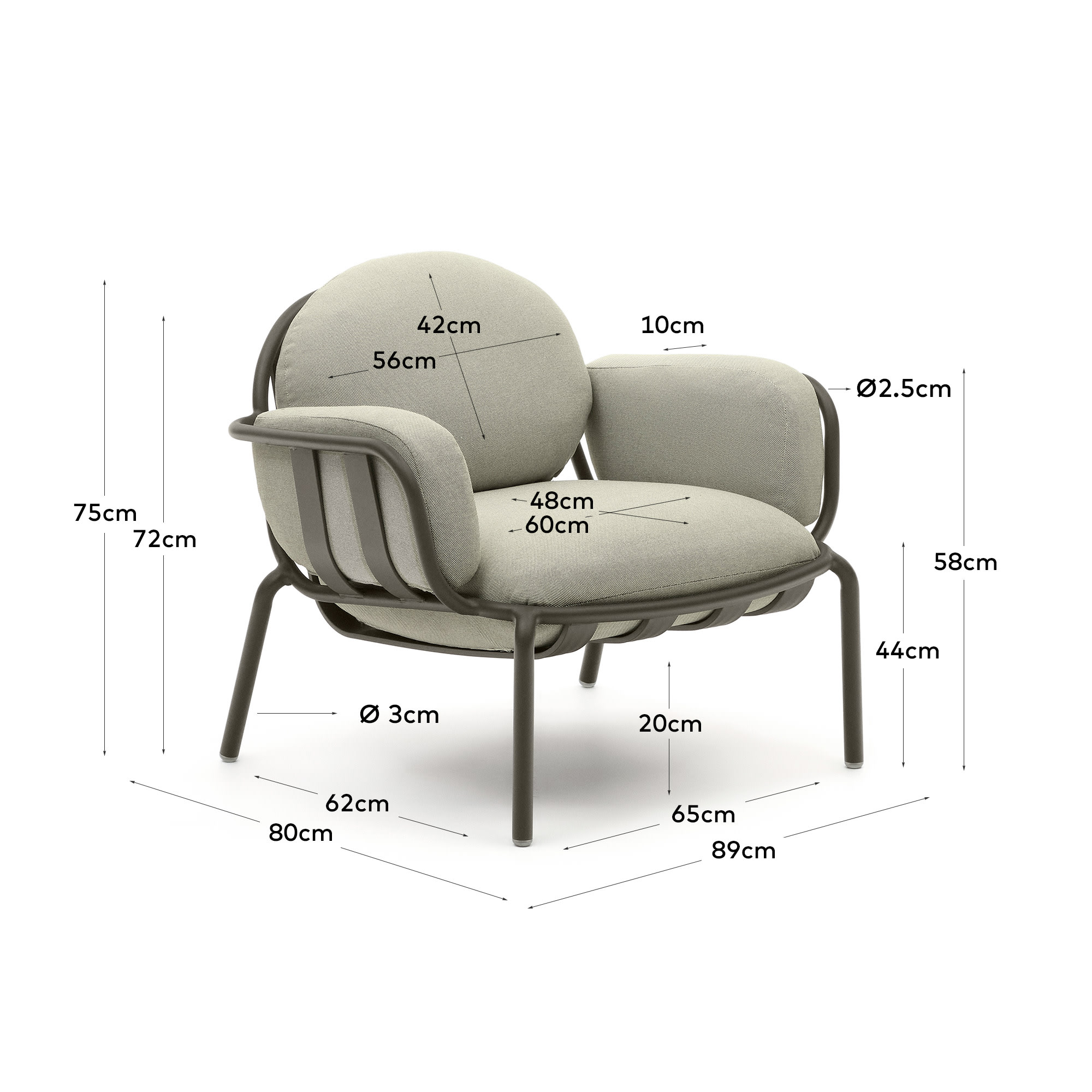 Joncols outdoor armchair in aluminium with grey painted finish and beige cushions