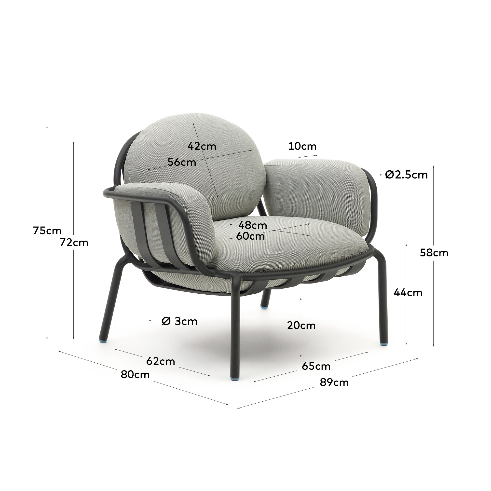 Joncols outdoor armchair in aluminium with grey painted finish and grey cushions