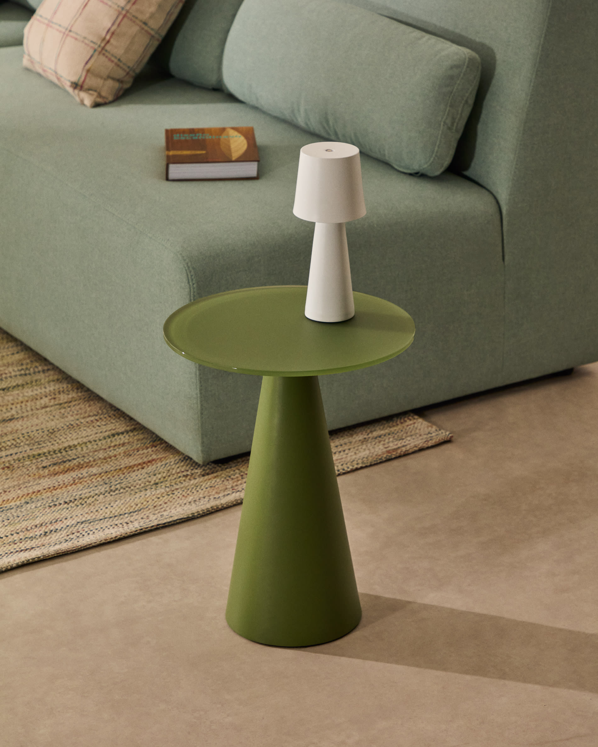 Wilshire side table with frosted tempered glass and matt green painted steel finish Ø35cm