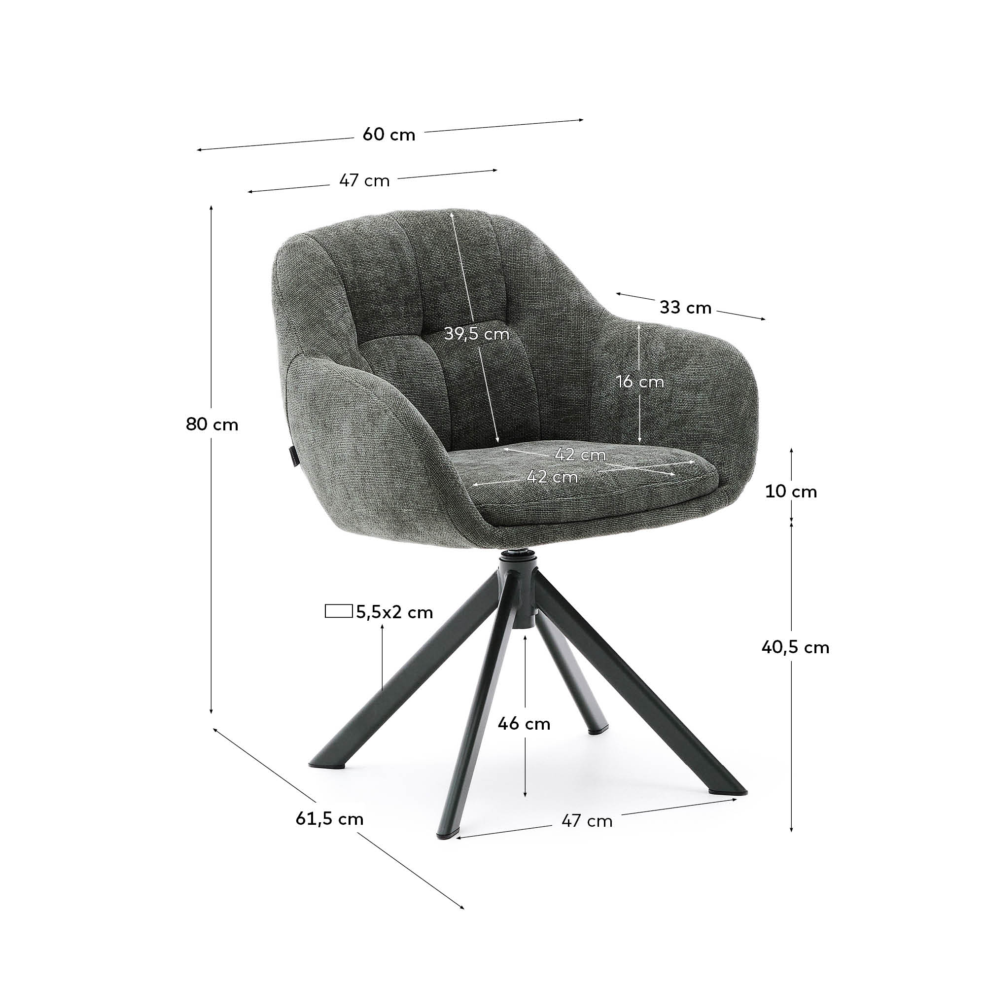 Dorina swivel chair in green chenille and steel legs in a green finish