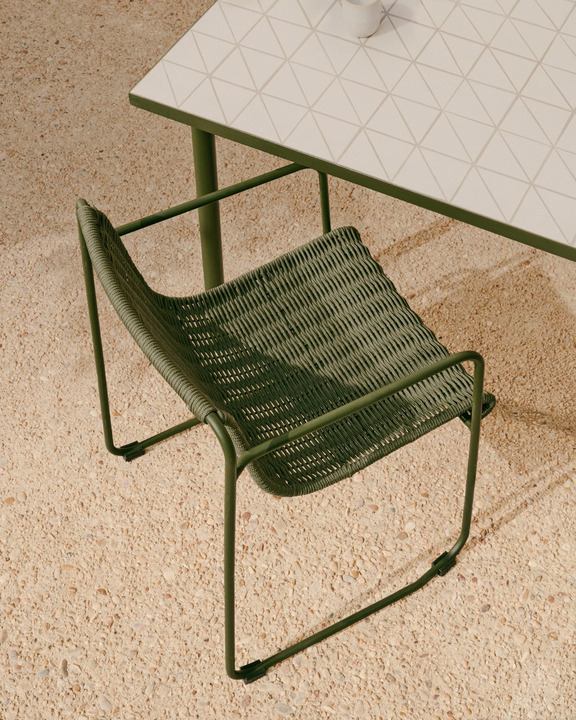 Maurina stackable chair in green galvanised steel and green rope cord