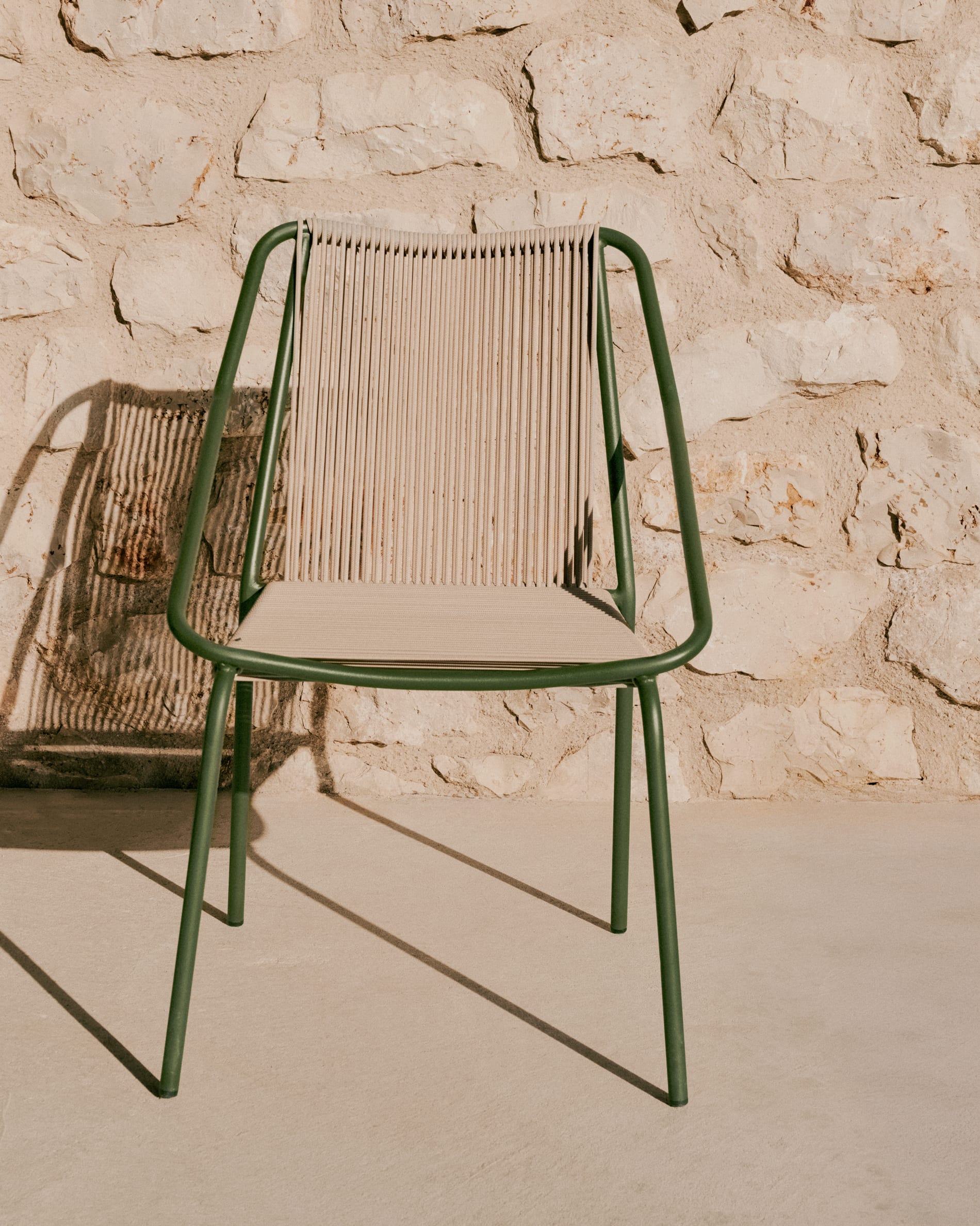 Zivia stackable outdoor chair in ecru rope cord and green galvanised steel