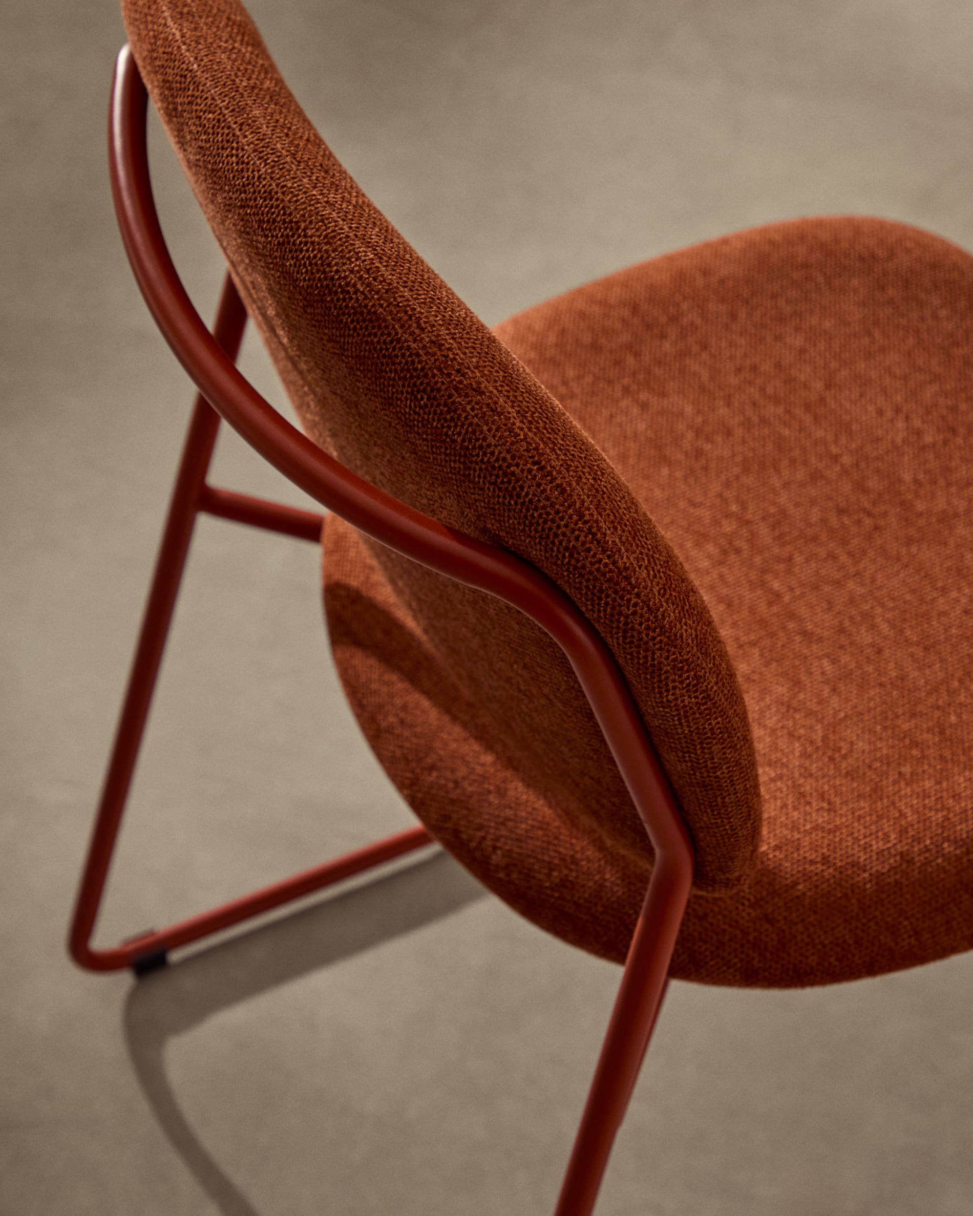 Meli stackable chair in terracotta chenille with terracotta metal legs FSC Mix Credit