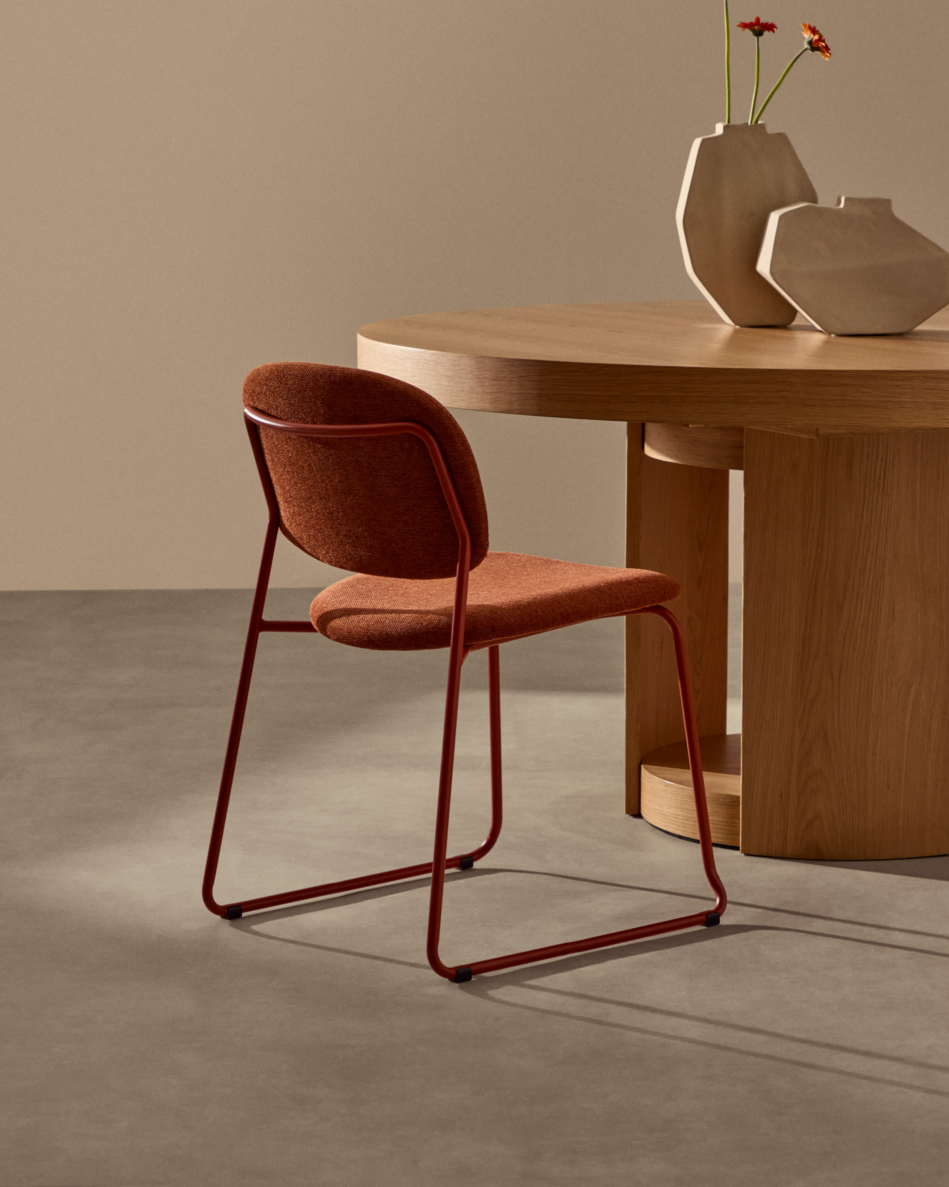 Meli stackable chair in terracotta chenille with terracotta metal legs FSC Mix Credit