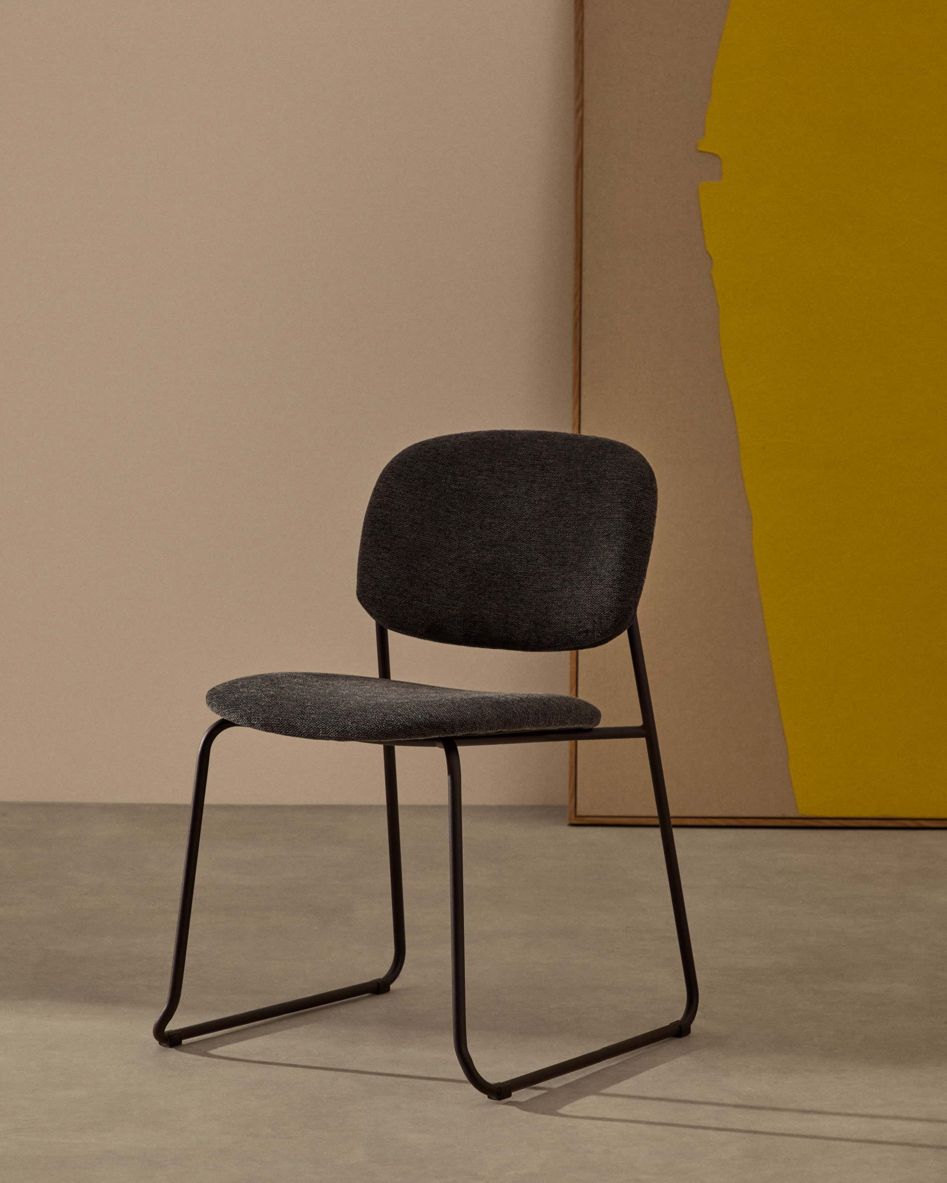 Meli stackable chair in grey chenille with grey metal legs FSC Mix Credit