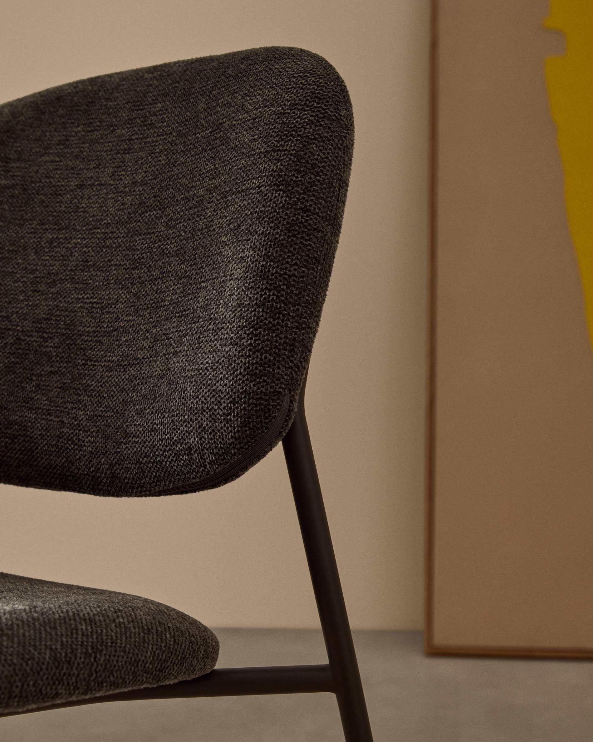 Meli stackable chair in grey chenille with grey metal legs FSC Mix Credit