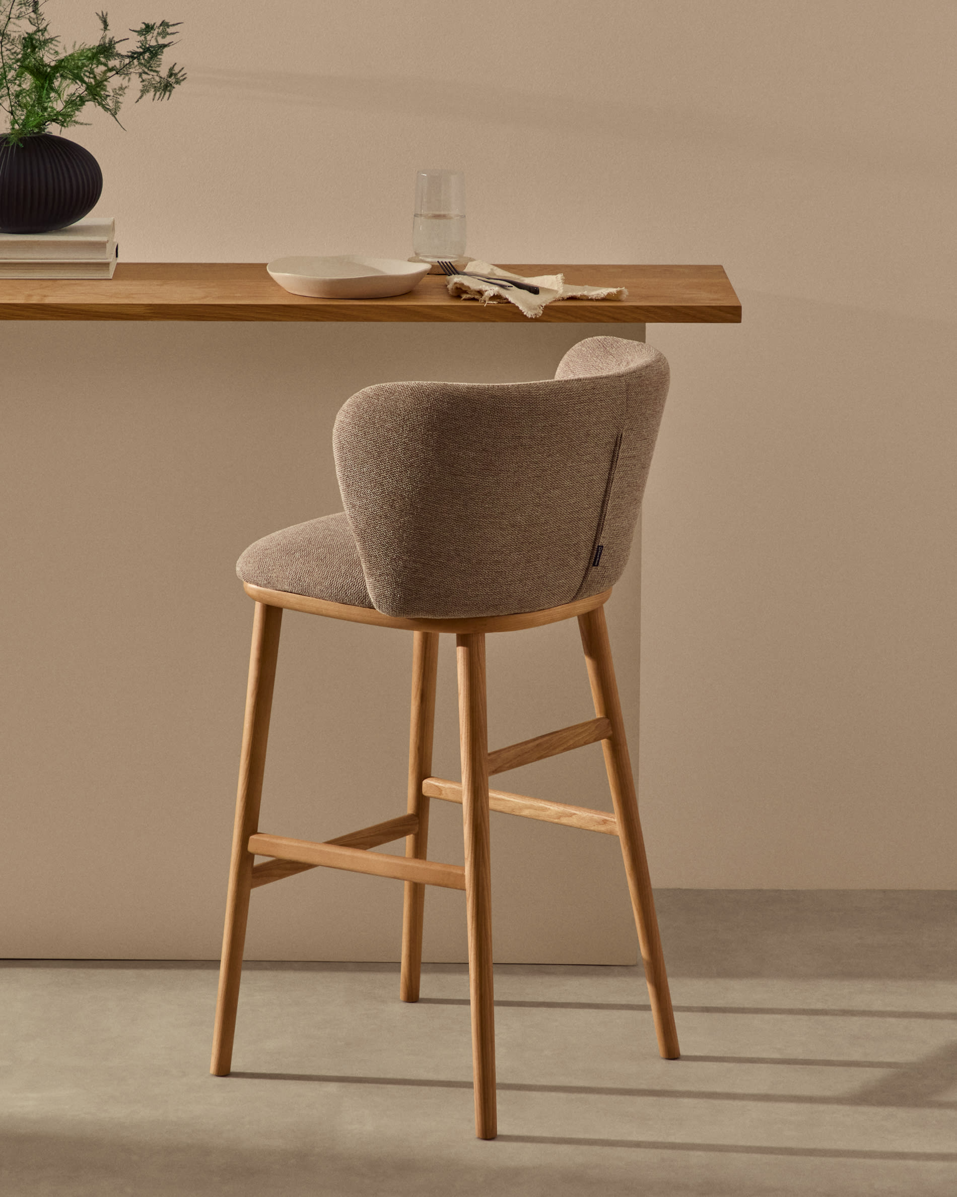 Ciselia stool brown chenille and solid ash wood natural tone finish FSC Mix Credit 75 cm
