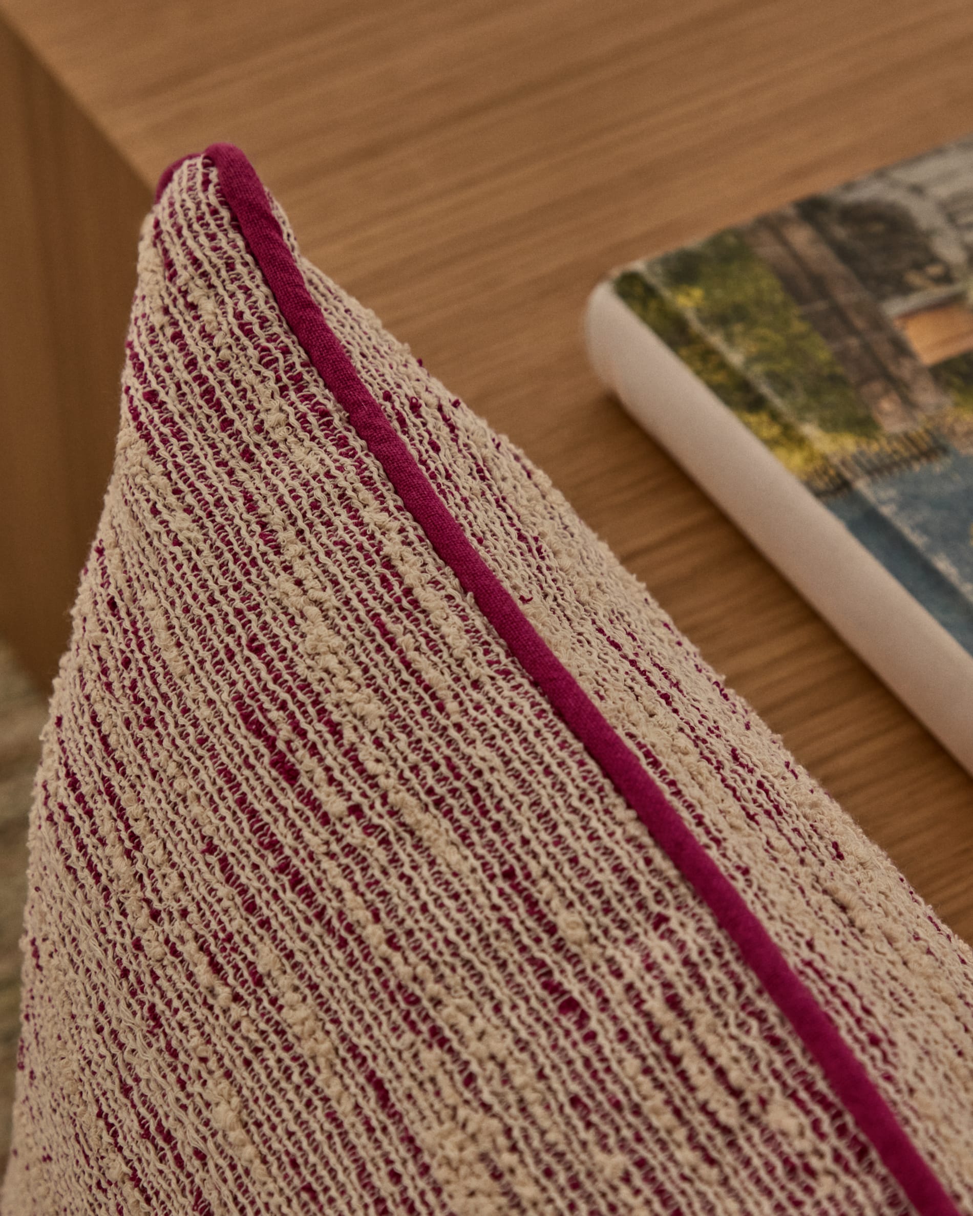 Brisella pink jacquard cushion cover with contrasting trim 45 x 45cm