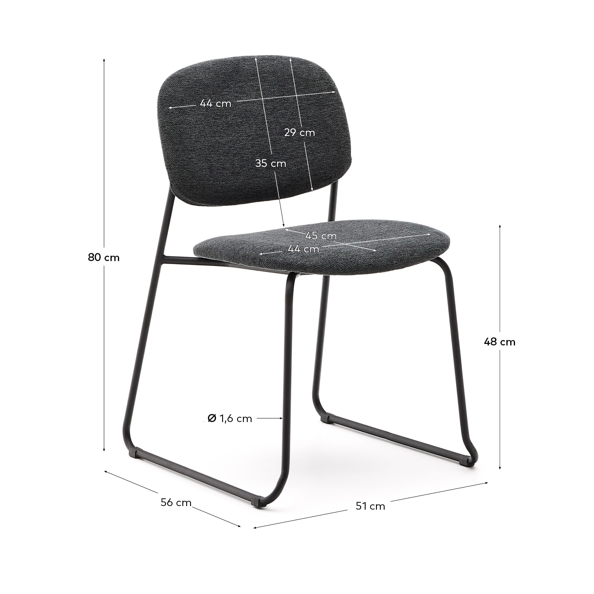 Meli stackable chair in grey chenille with grey metal legs FSC Mix Credit