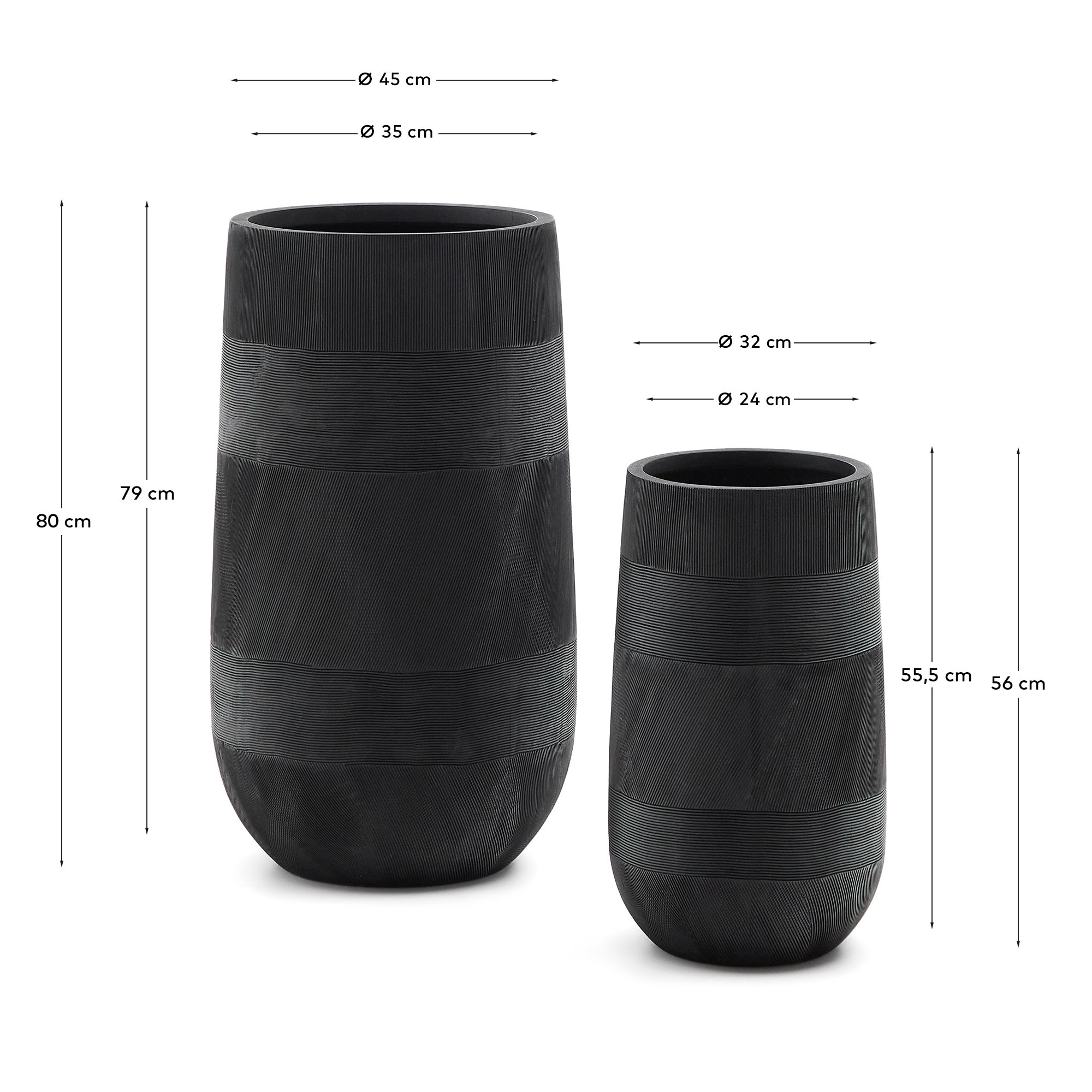 Set of 2 Tival black cement-effect planters Ø 45 cm / Ø 32 cm