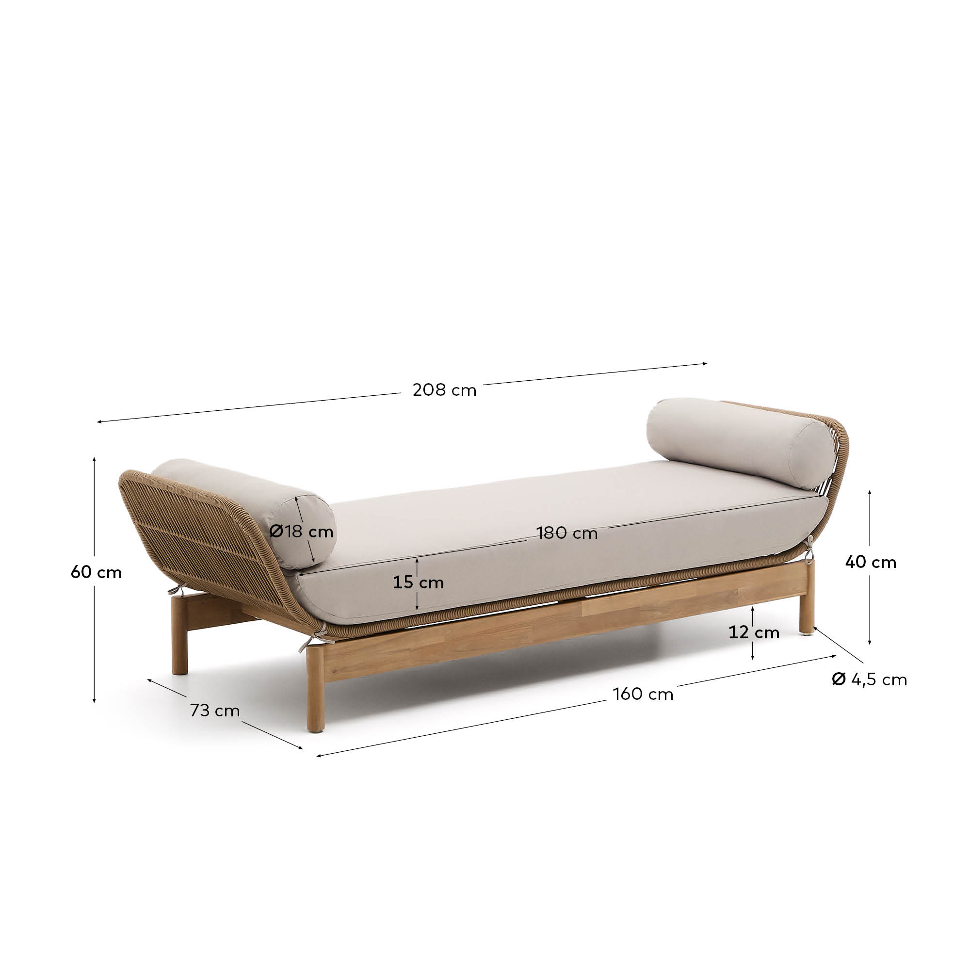 Catalina sun lounger, in beige cord and solid FSC 100% acacia wood