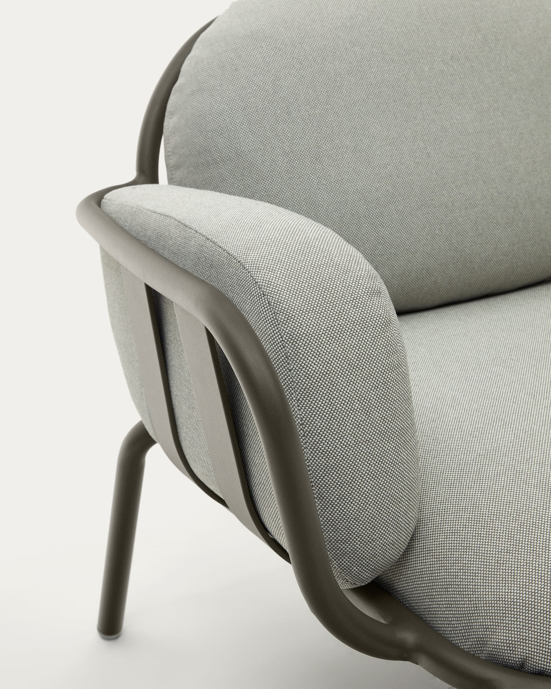 Joncols outdoor armchair in aluminium with grey painted finish and grey cushions