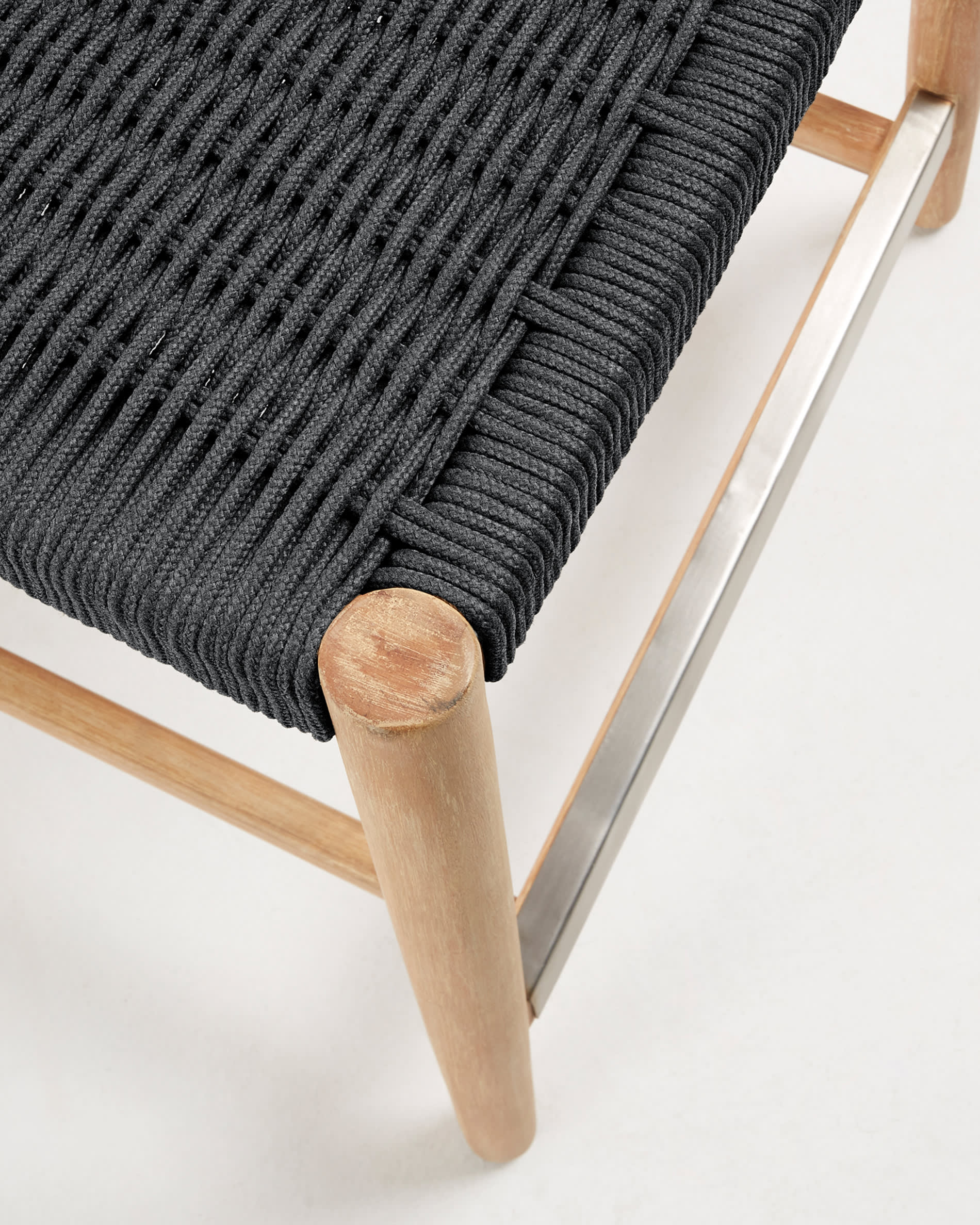 Nina Stool made of solid acacia wood with natural finish and black rope, height 62 cm