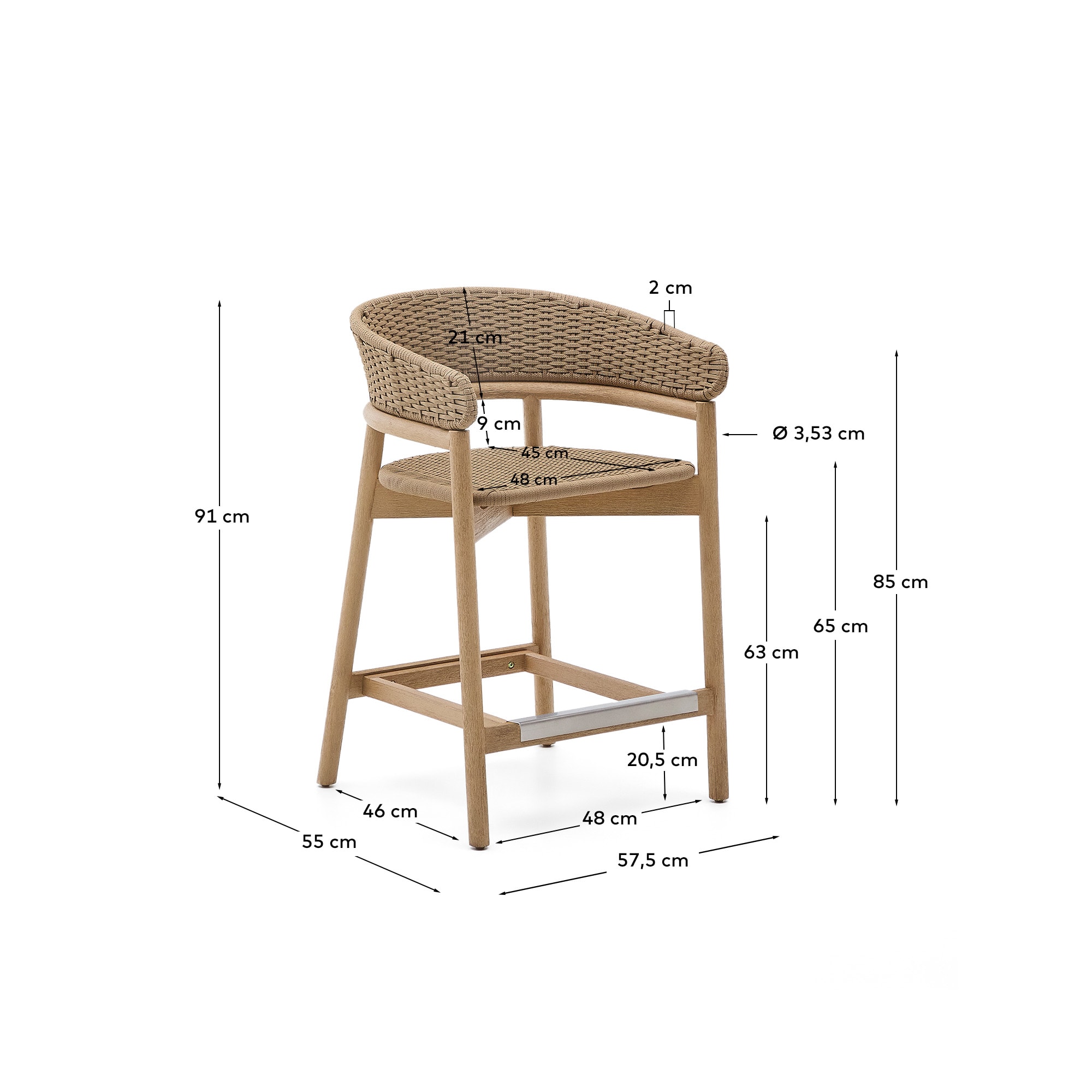 Arinella stool in FSC 100% solid acacia wood with natural finish and beige rope cord 65cm