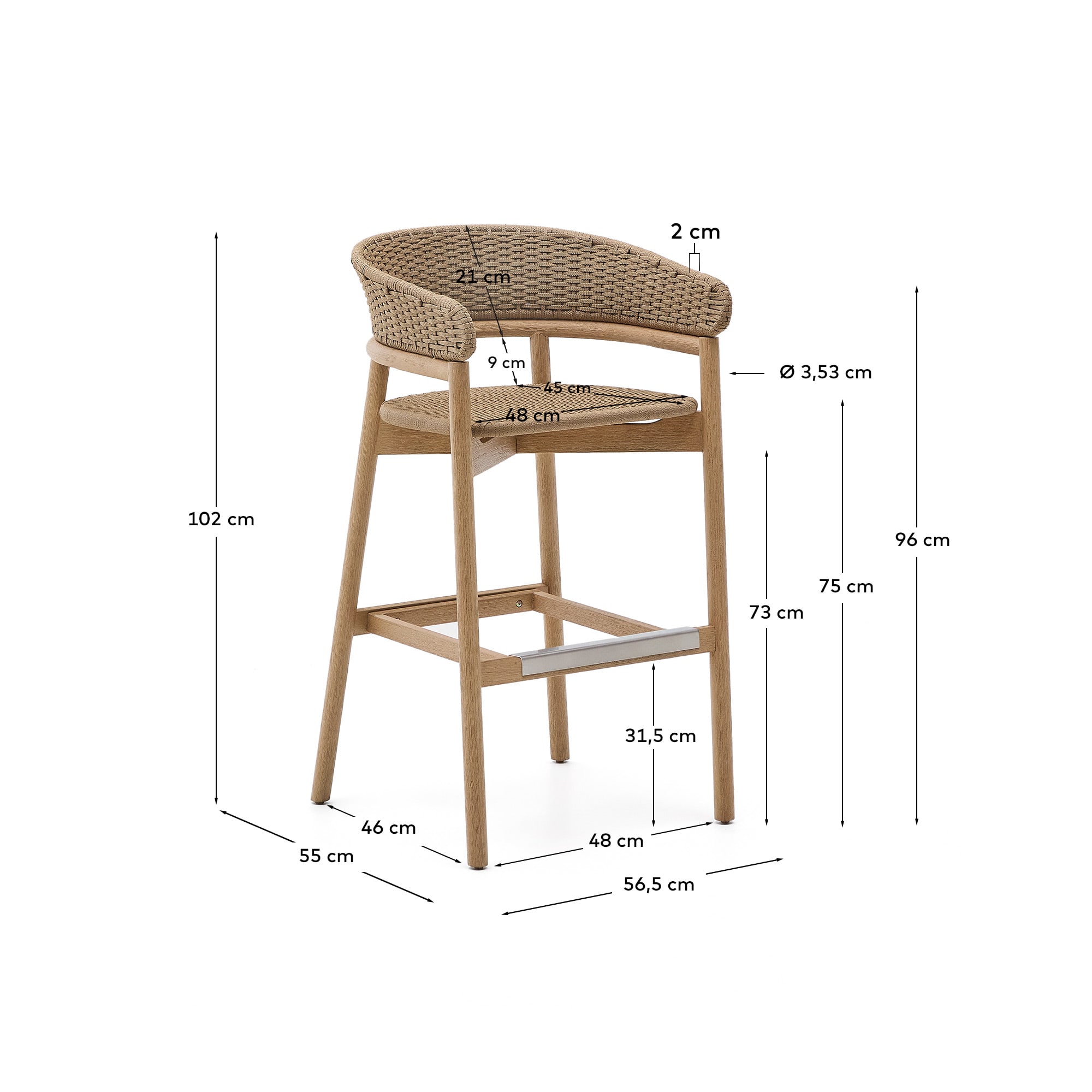 Arinella stool in FSC 100% solid acacia wood with natural finish and beige rope cord 75cm