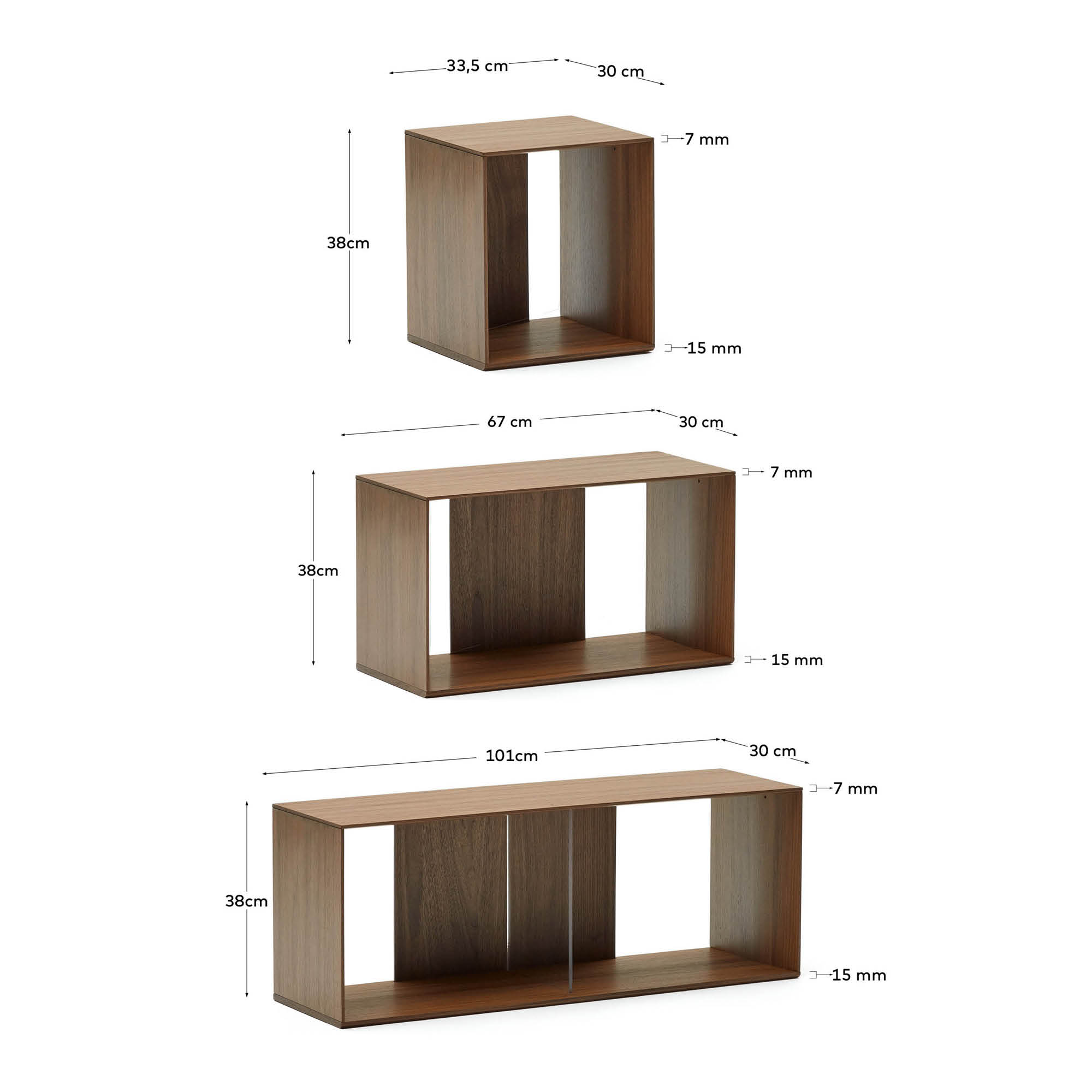 Litto set of 9 modular shelving units in walnut wood veneer, 202 x 114 cm