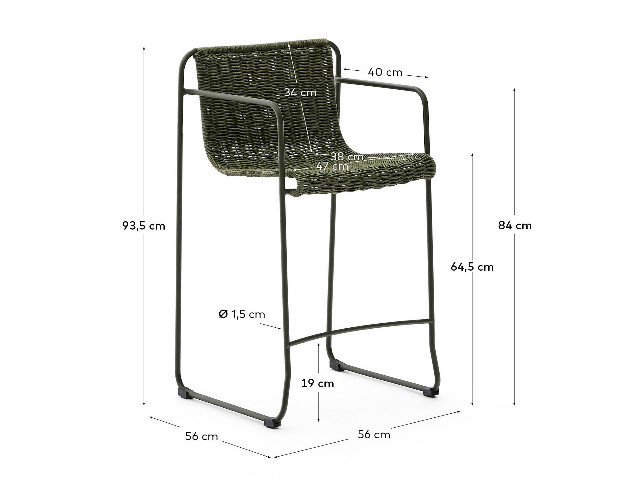 Maurina stool in green galvanised steel and green rope cord 64,5cm