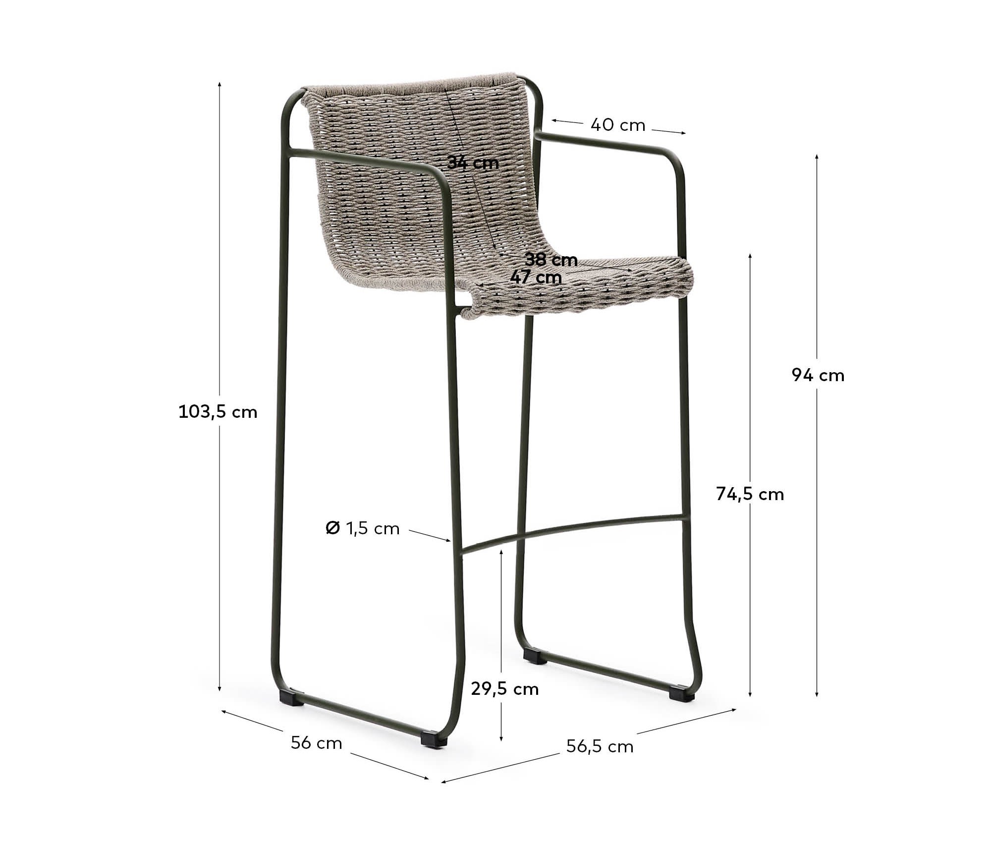 Maurina stool in green galvanised steel and ecru and grey rope cord 74,5cm