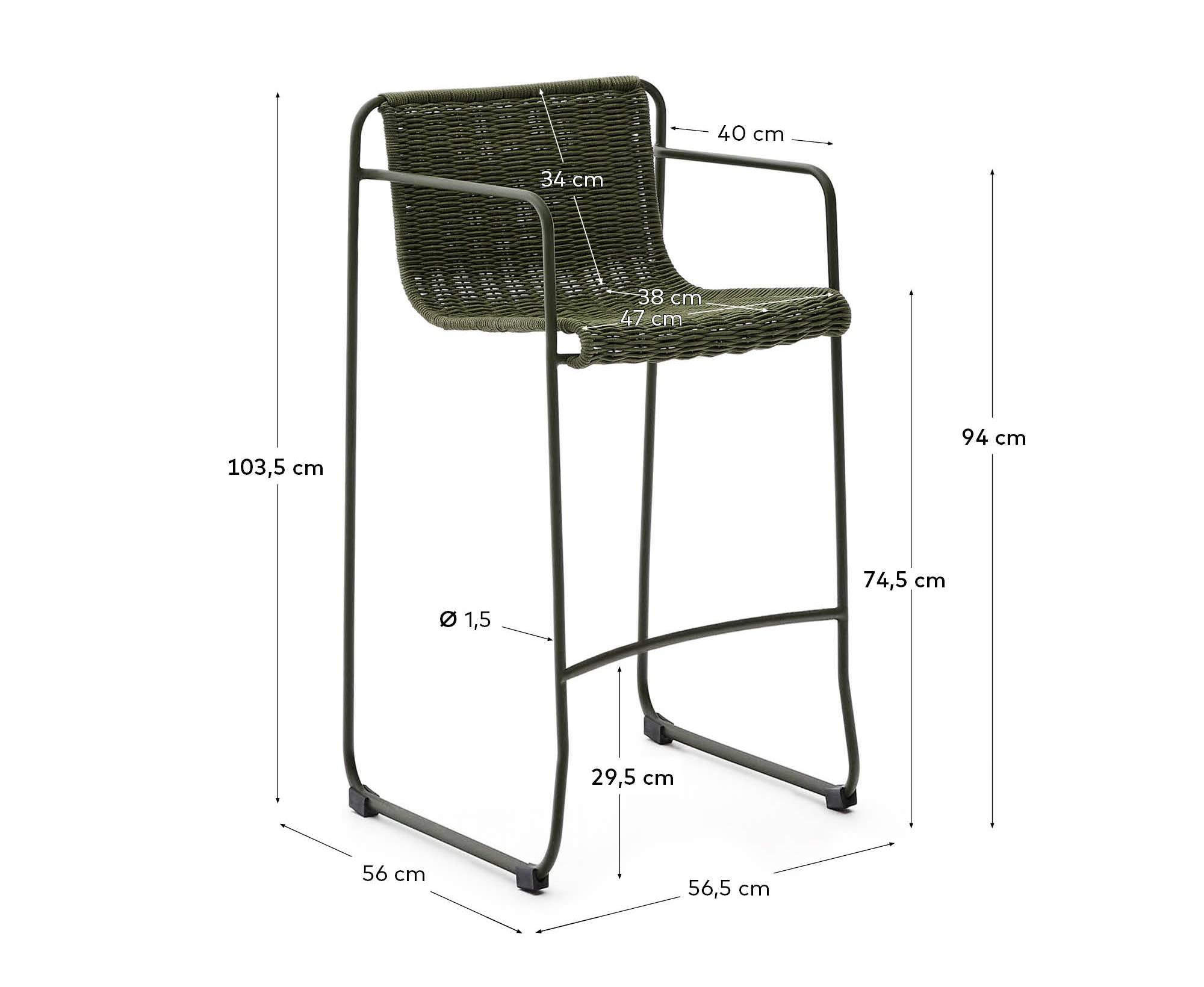 Maurina stackable stool in green galvanised steel and green rope cord 74,5cm