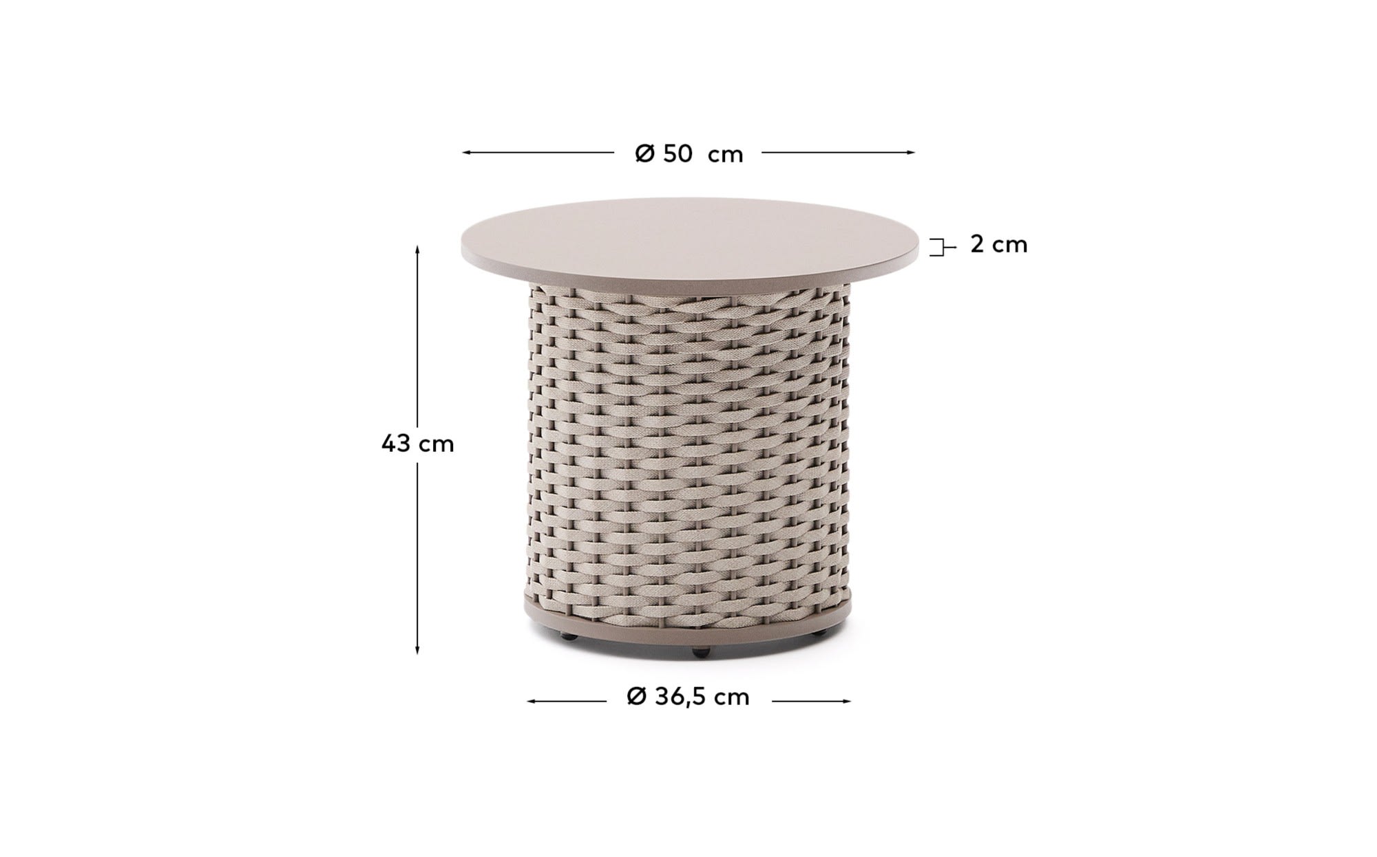 Sedalis outdoor side table in aluminium and taupe rope cord Ø50cm