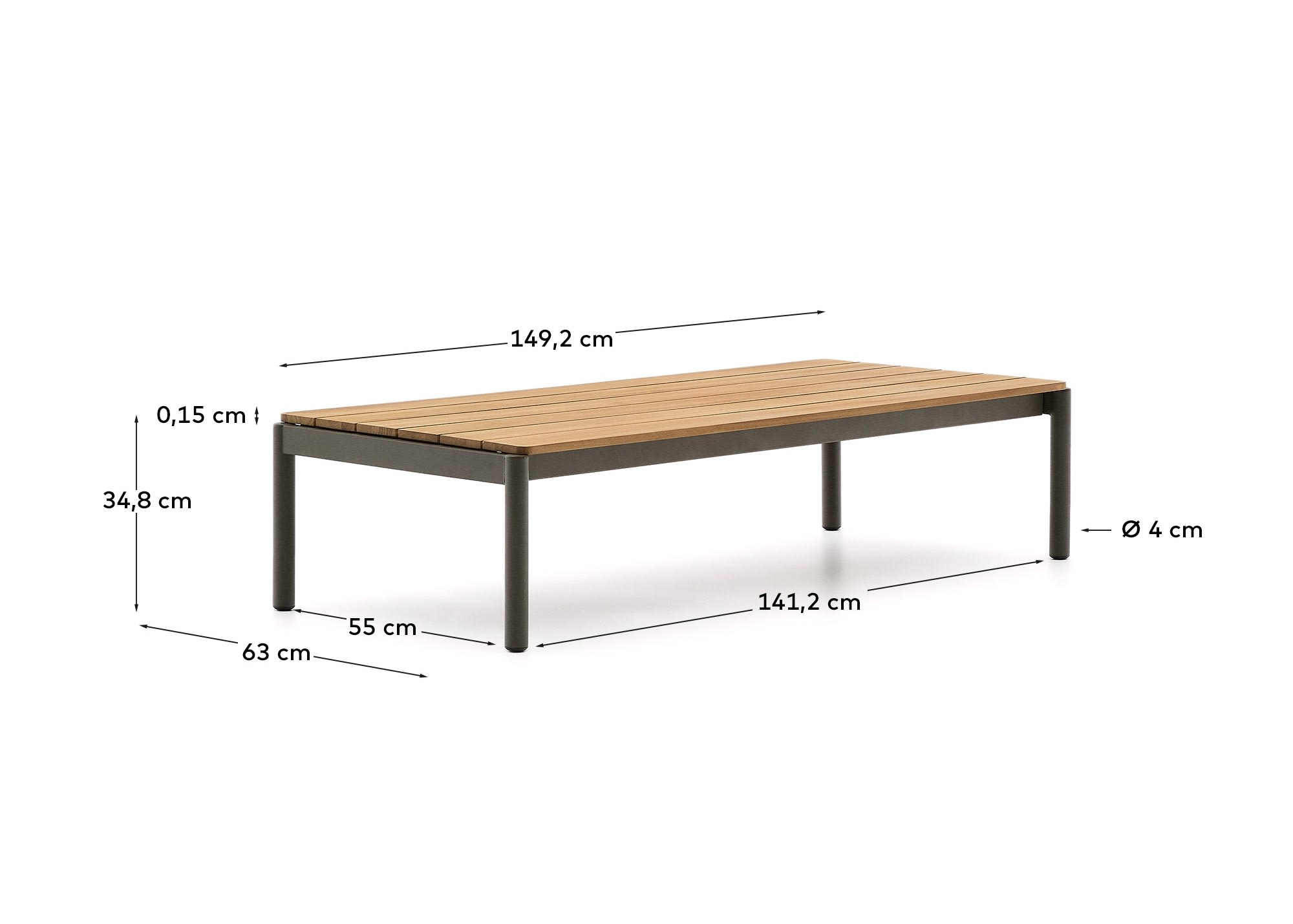 Sorells coffee table in green aluminum and teak wood 63 x 144,6 cm FSC 100%